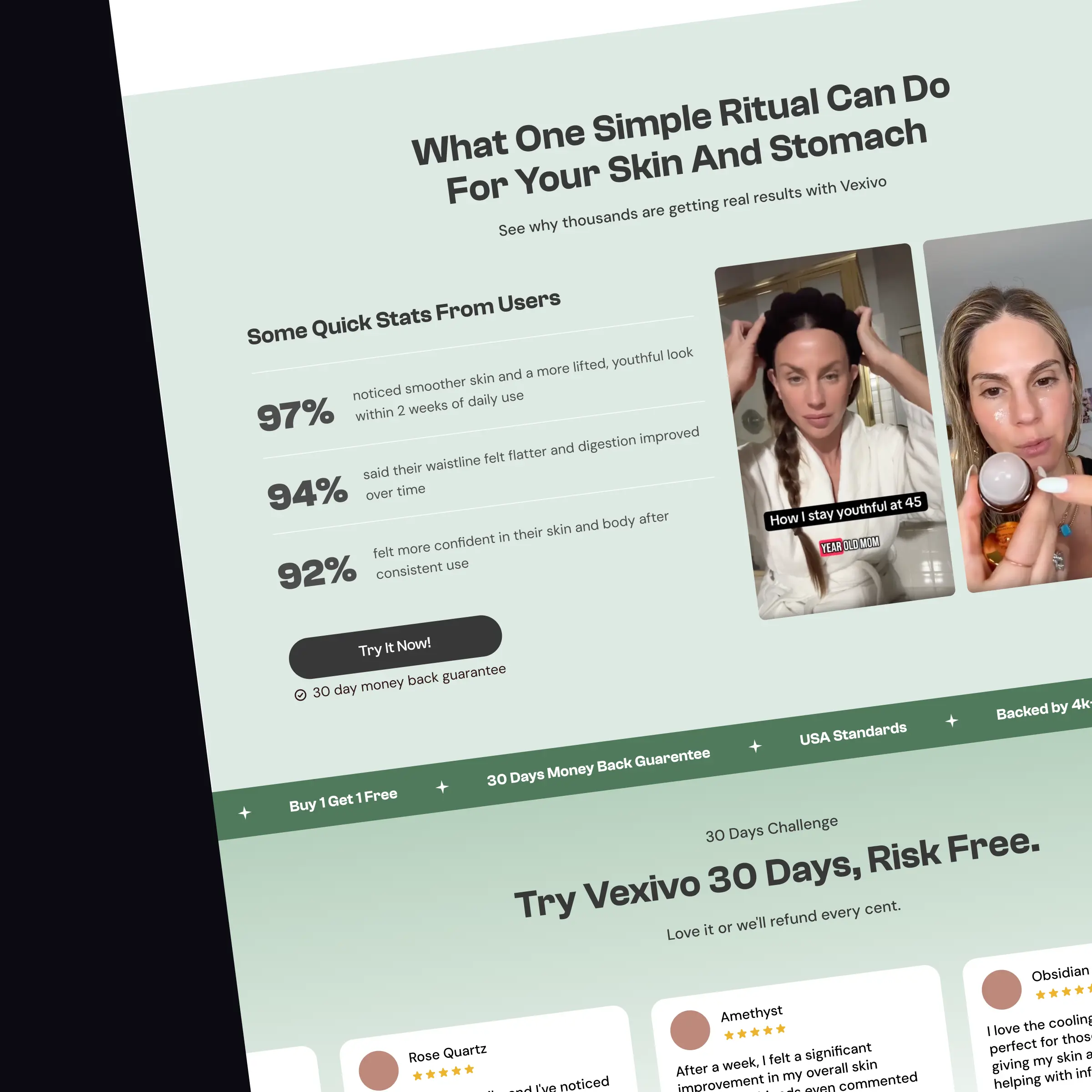 Vexivo storefront — content and trust sections designed by Convertica Studio