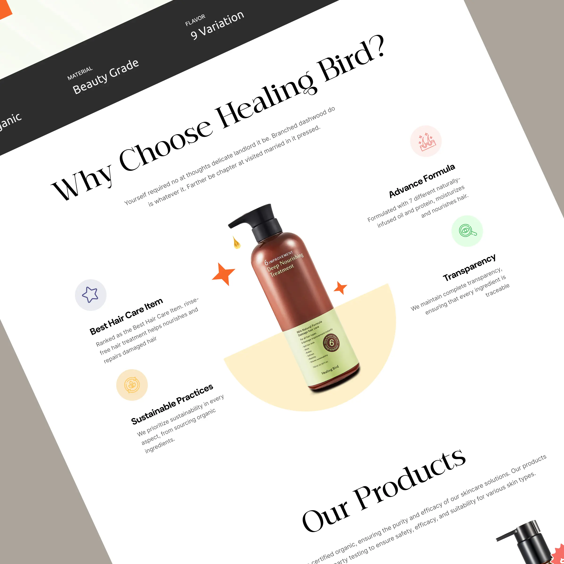 Healing Bird storefront — content and trust sections designed by Convertica Studio