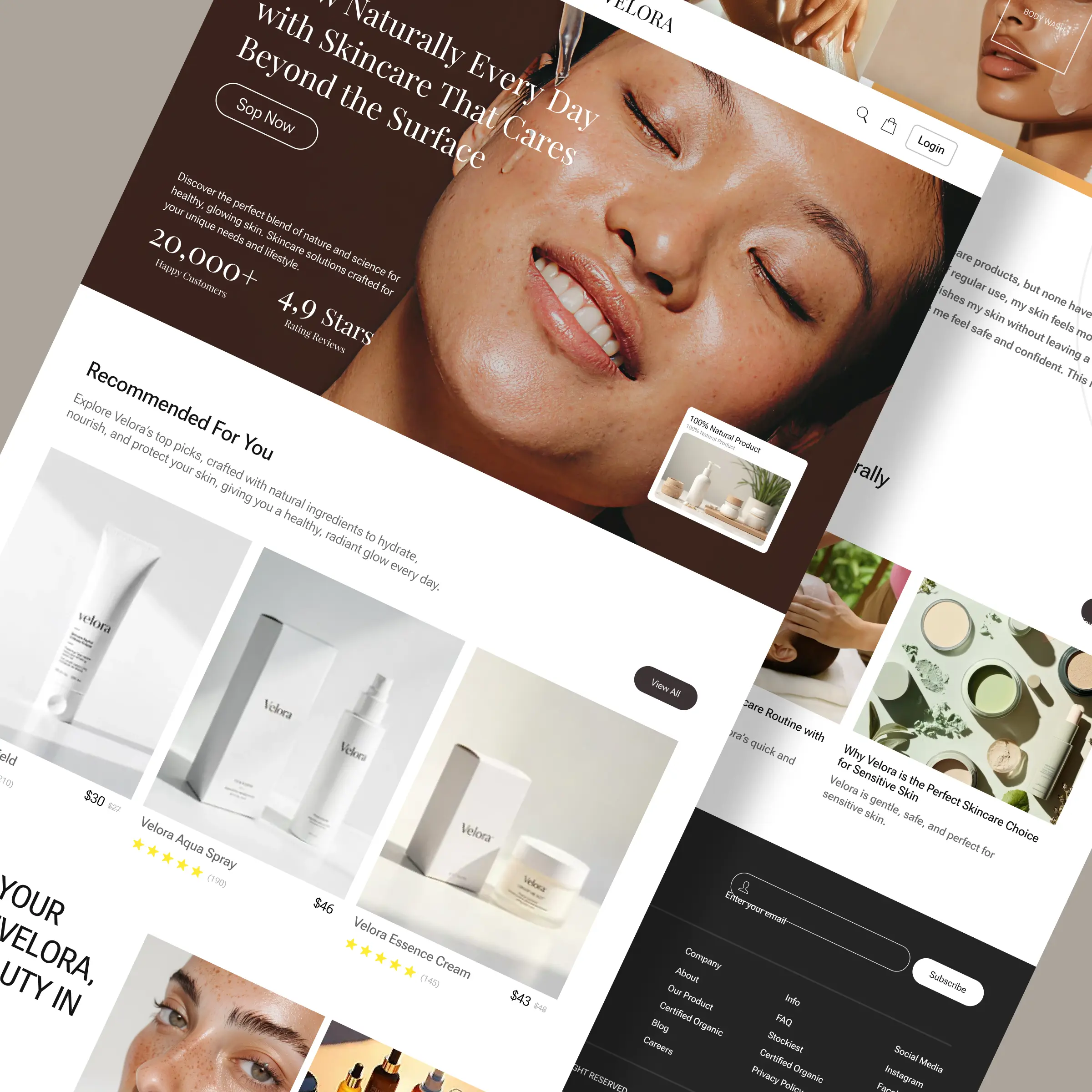 Velora storefront — content and trust sections designed by Convertica Studio