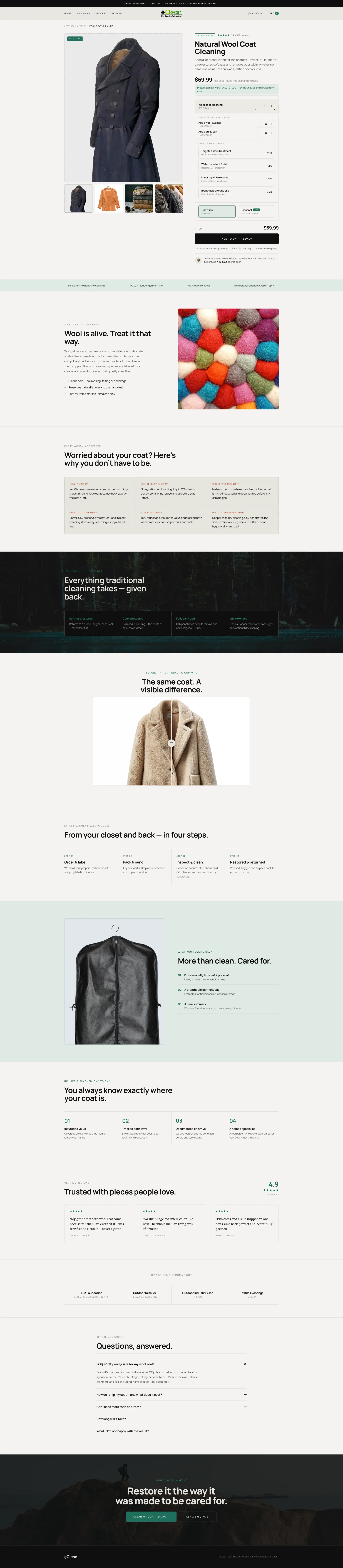 Premium Garment Cleaning product page rebuilt on the audit recommendations
