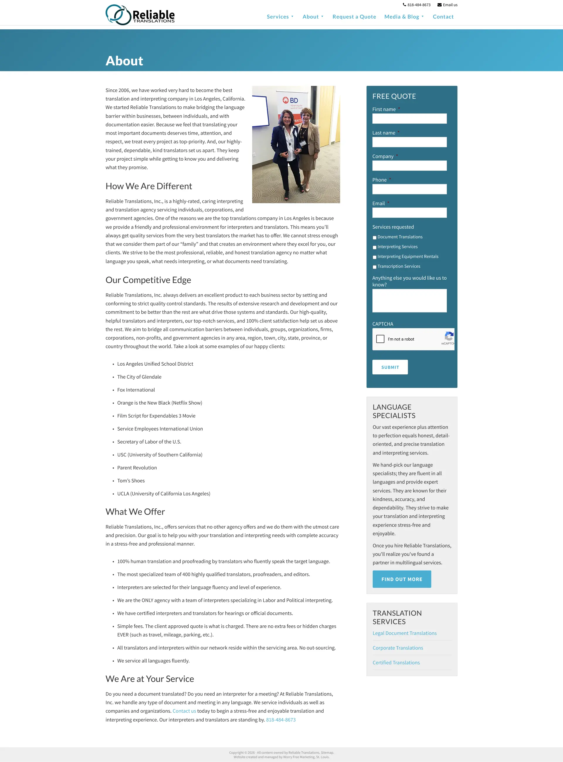 Reliable Translations about page before the CRO redesign