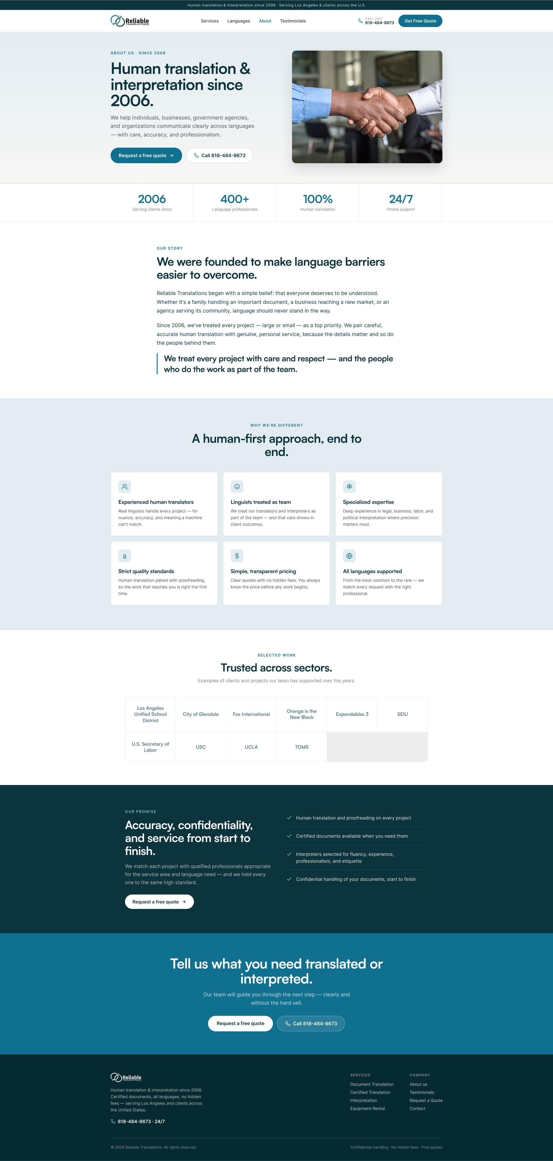 Reliable Translations about page rebuilt on the audit recommendations