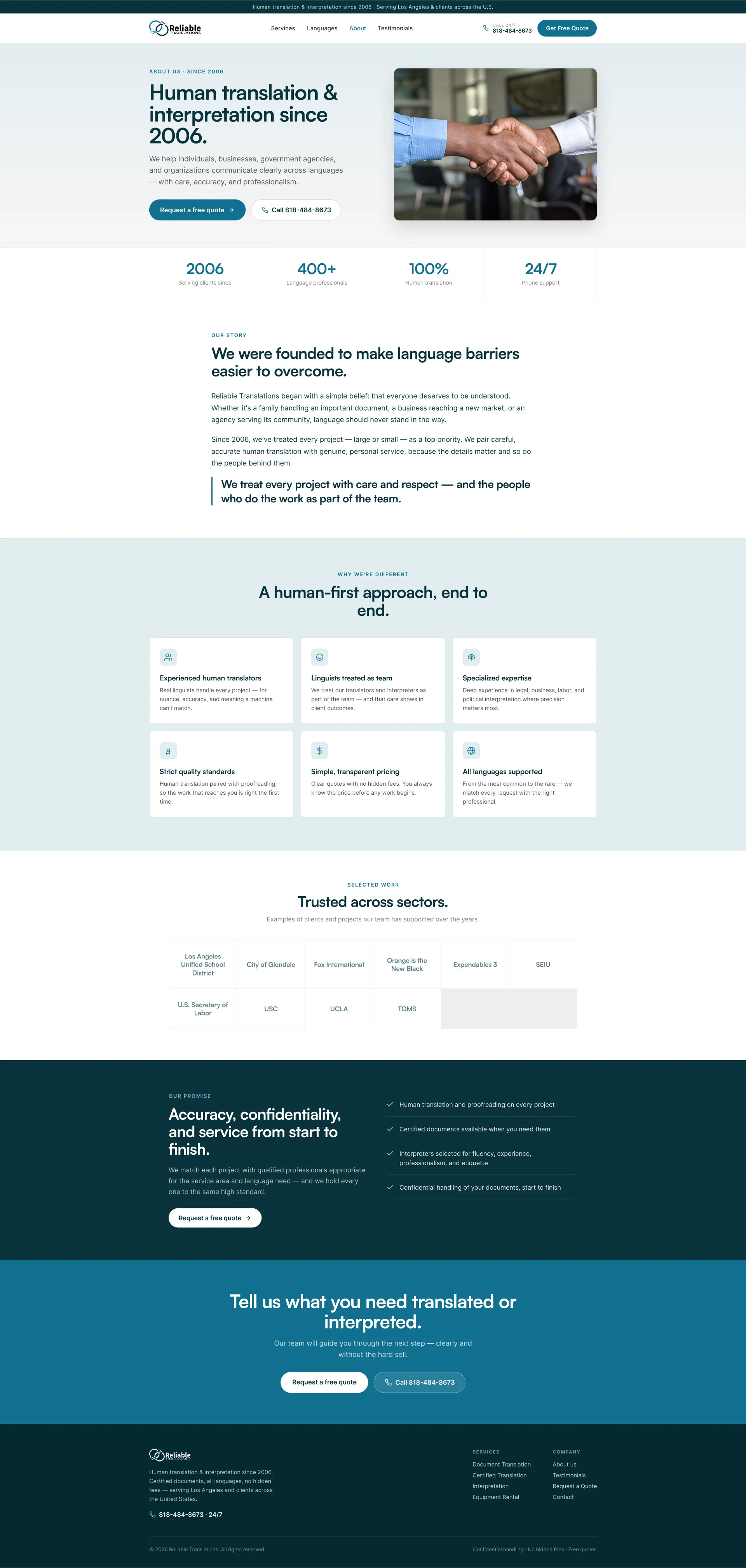 Reliable Translations about page rebuilt on the audit recommendations