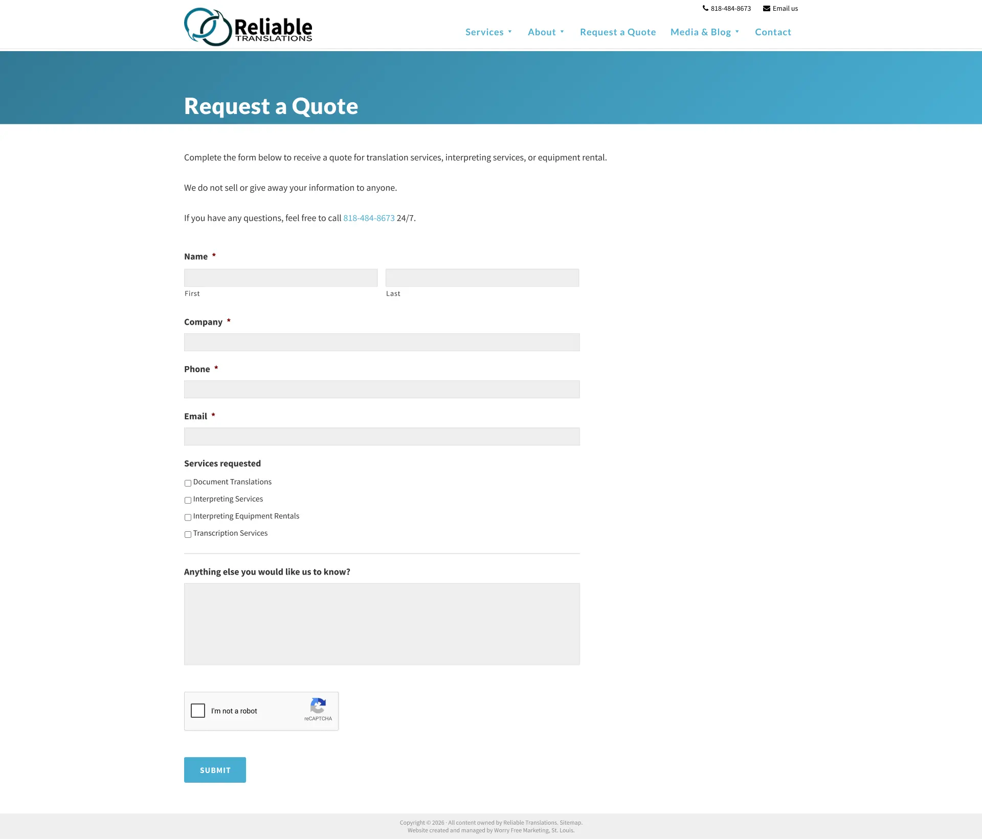 Reliable Translations quote page before the CRO redesign