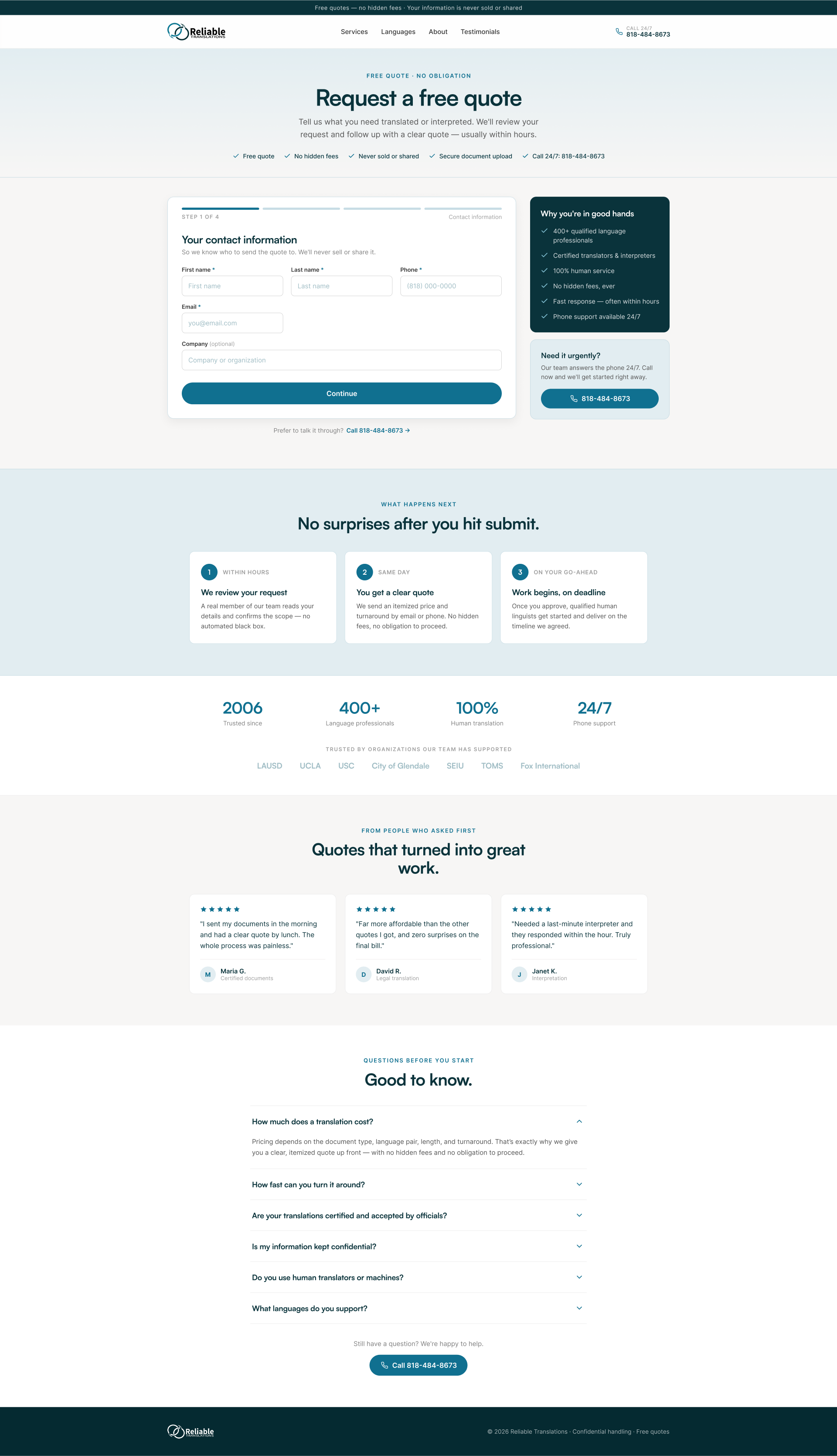 Reliable Translations quote page rebuilt on the audit recommendations