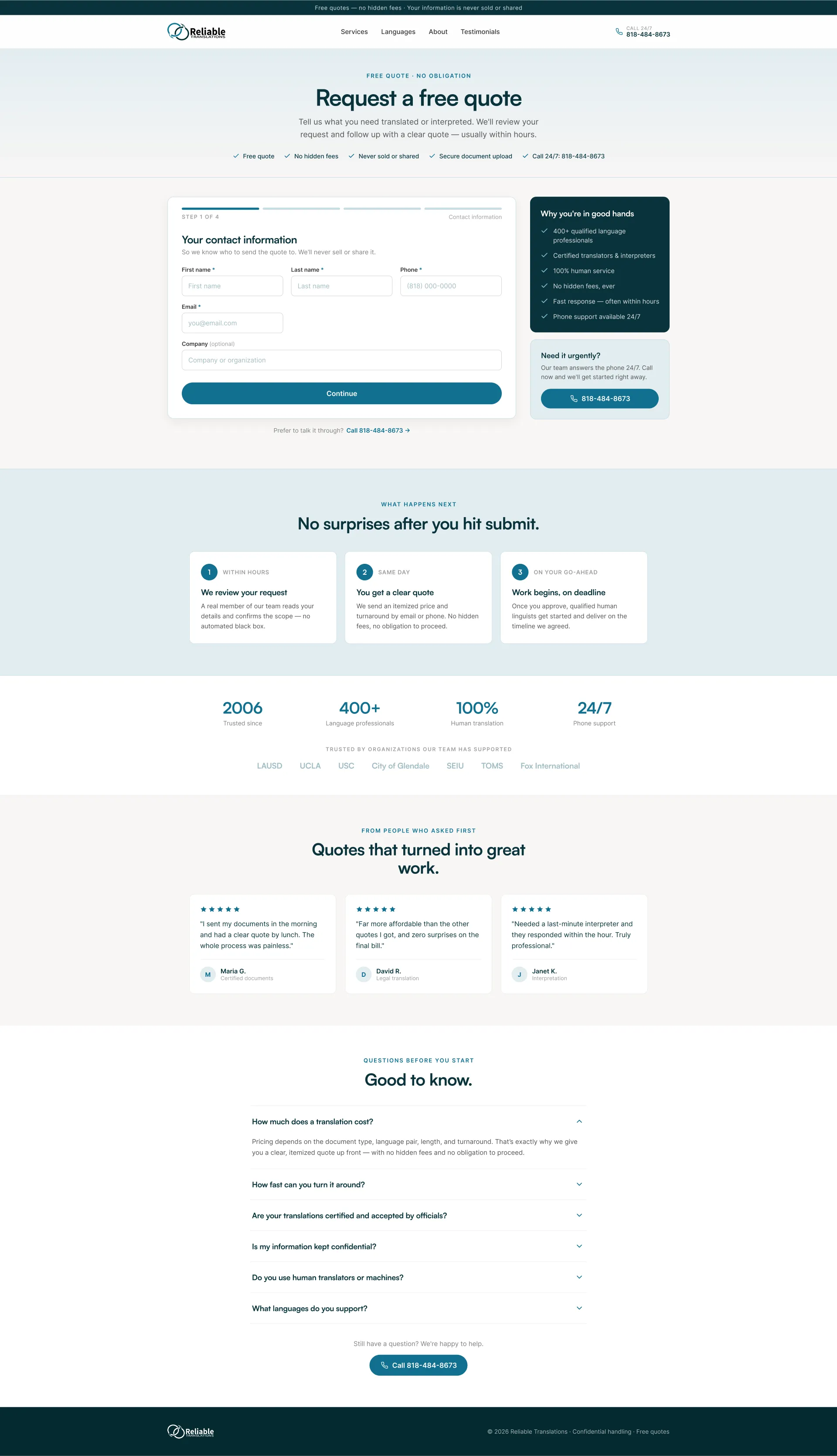 Reliable Translations quote page rebuilt on the audit recommendations