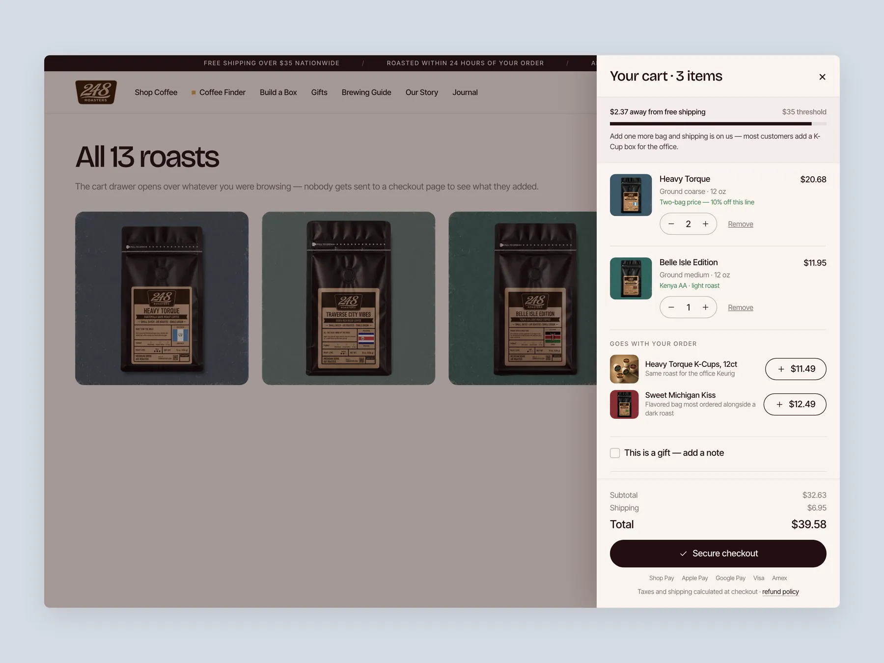 248 Roasters concept redesign: Bag slide over open over the page, whole screen