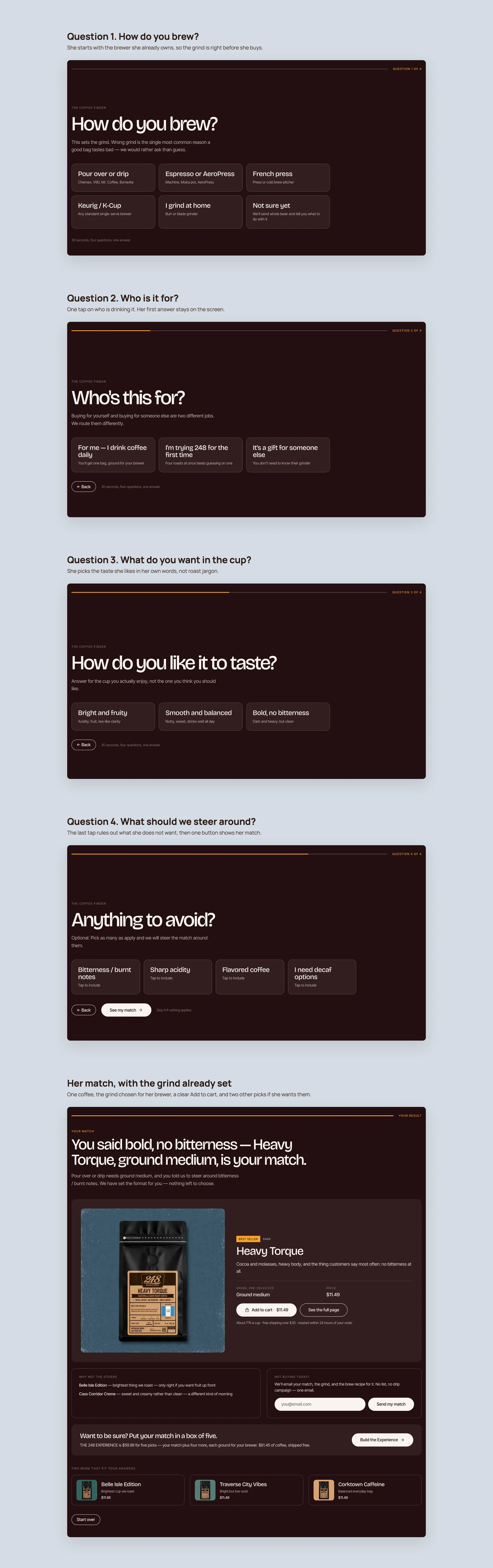 248 Roasters concept redesign: Coffee Finder quiz, step by step