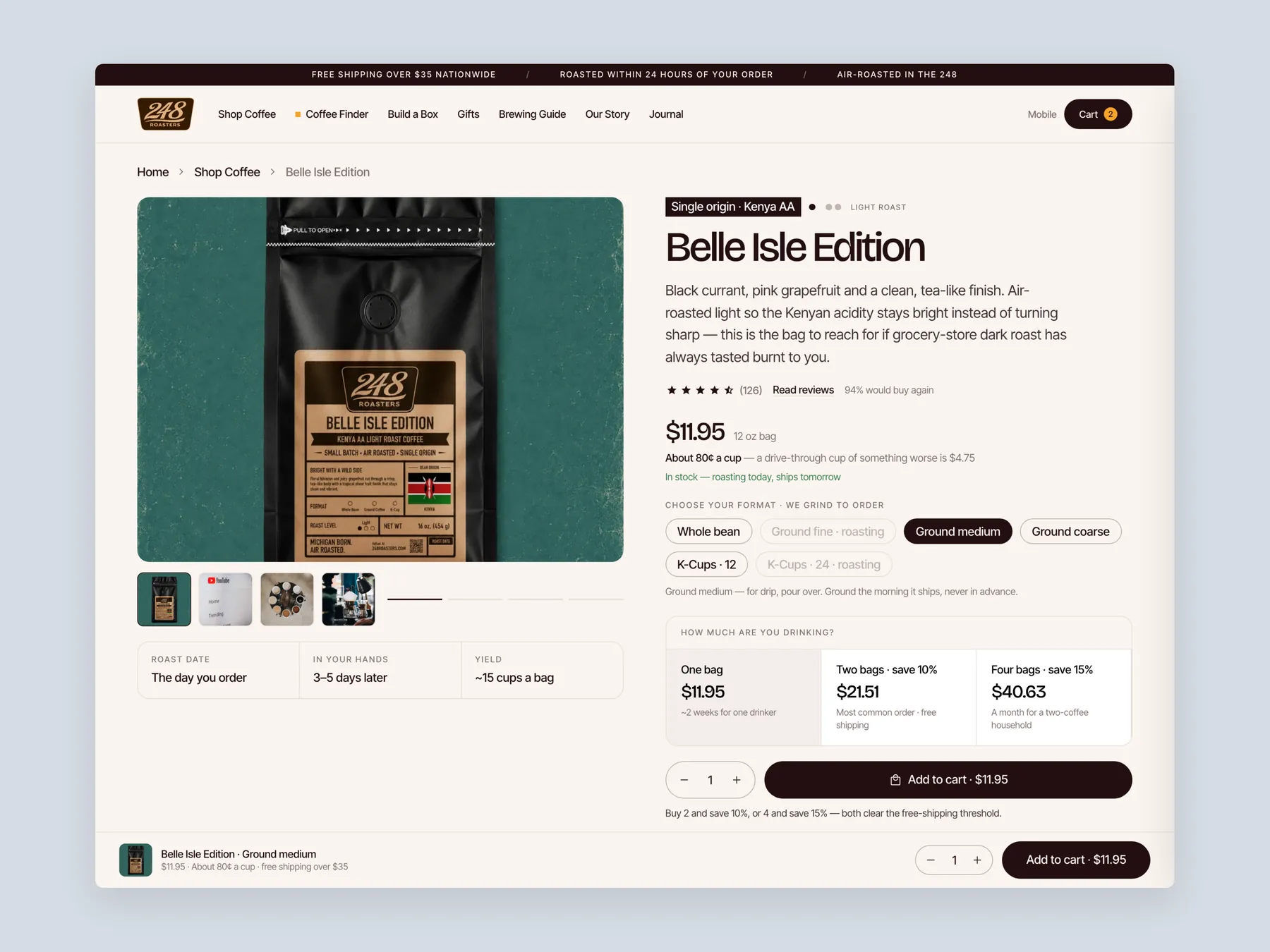 248 Roasters concept redesign: Product page first screen: header and buy box