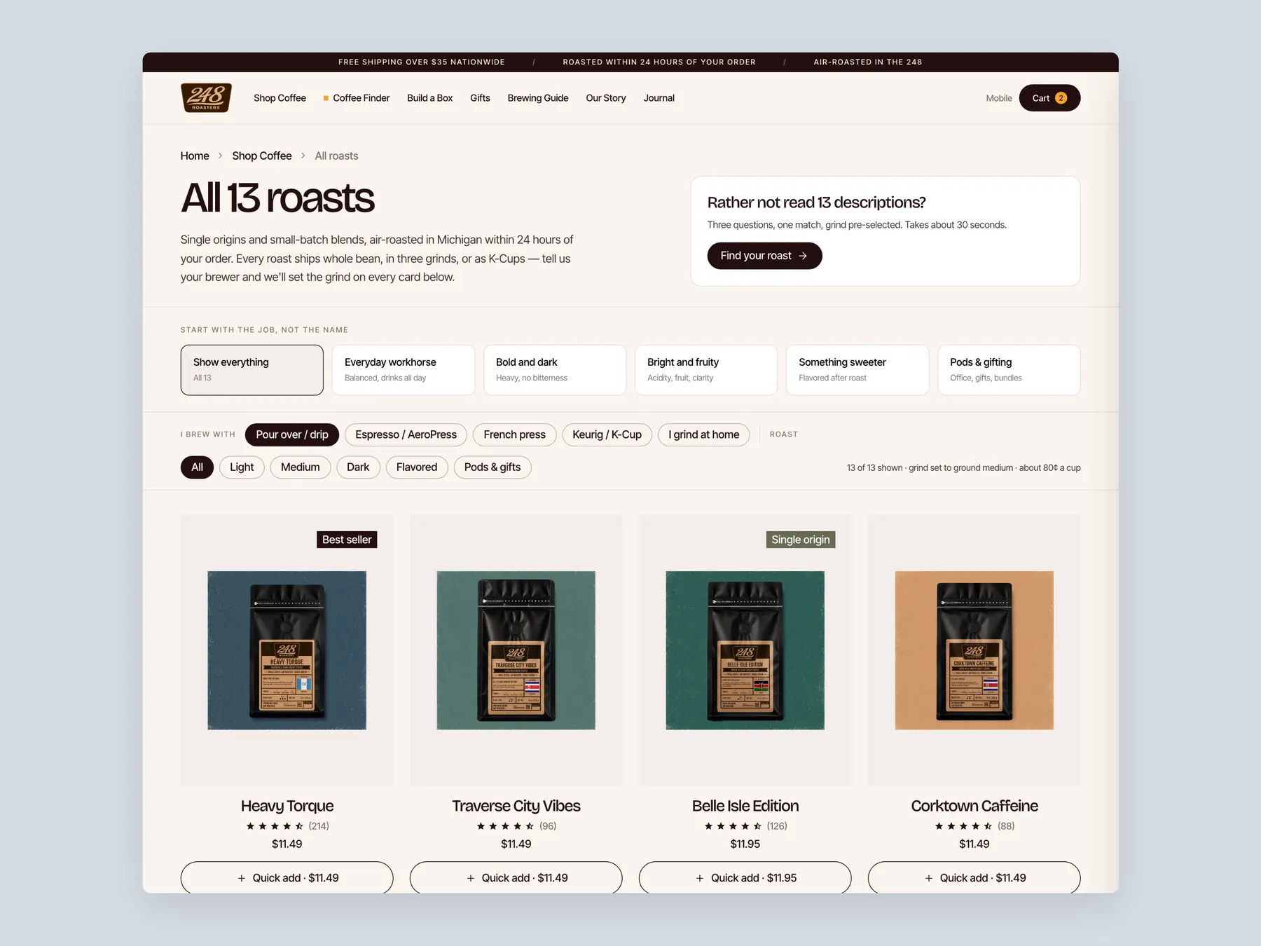 248 Roasters concept redesign: Collection page first screen: header, filters, first row