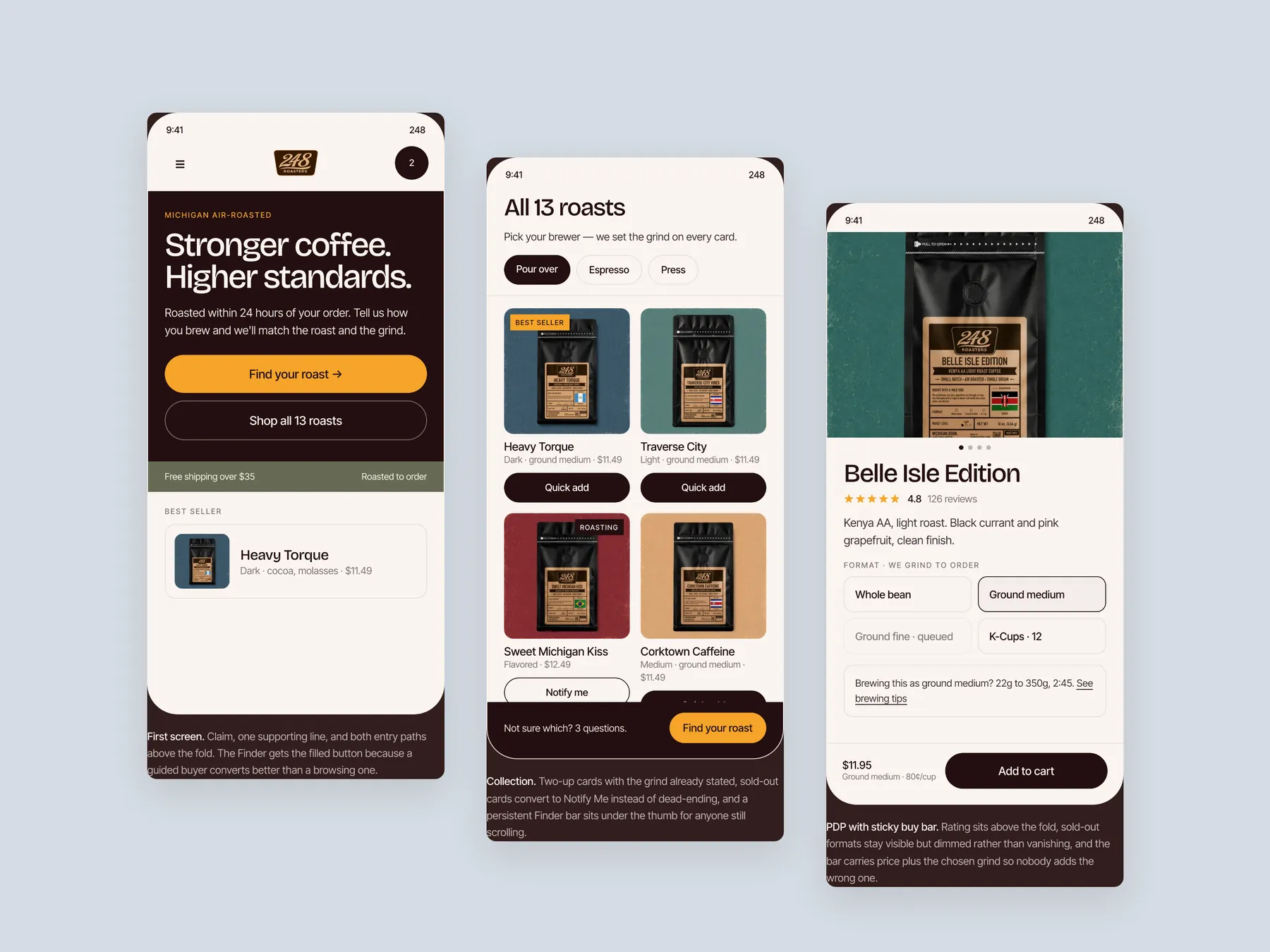 248 Roasters concept redesign: Three phone screens: home, collection, product