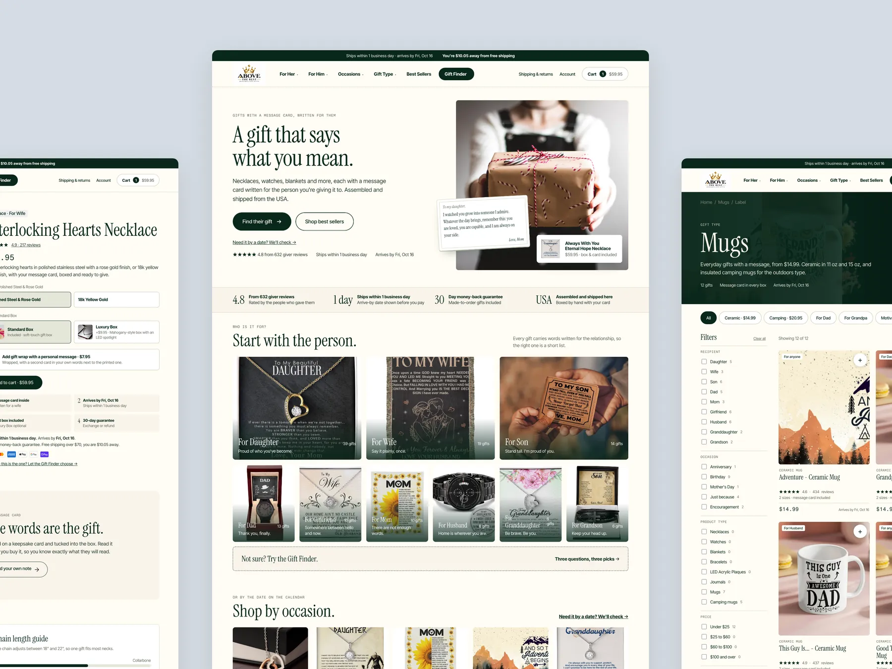 Above The Rest concept redesign: Homepage centre, product left, collection right