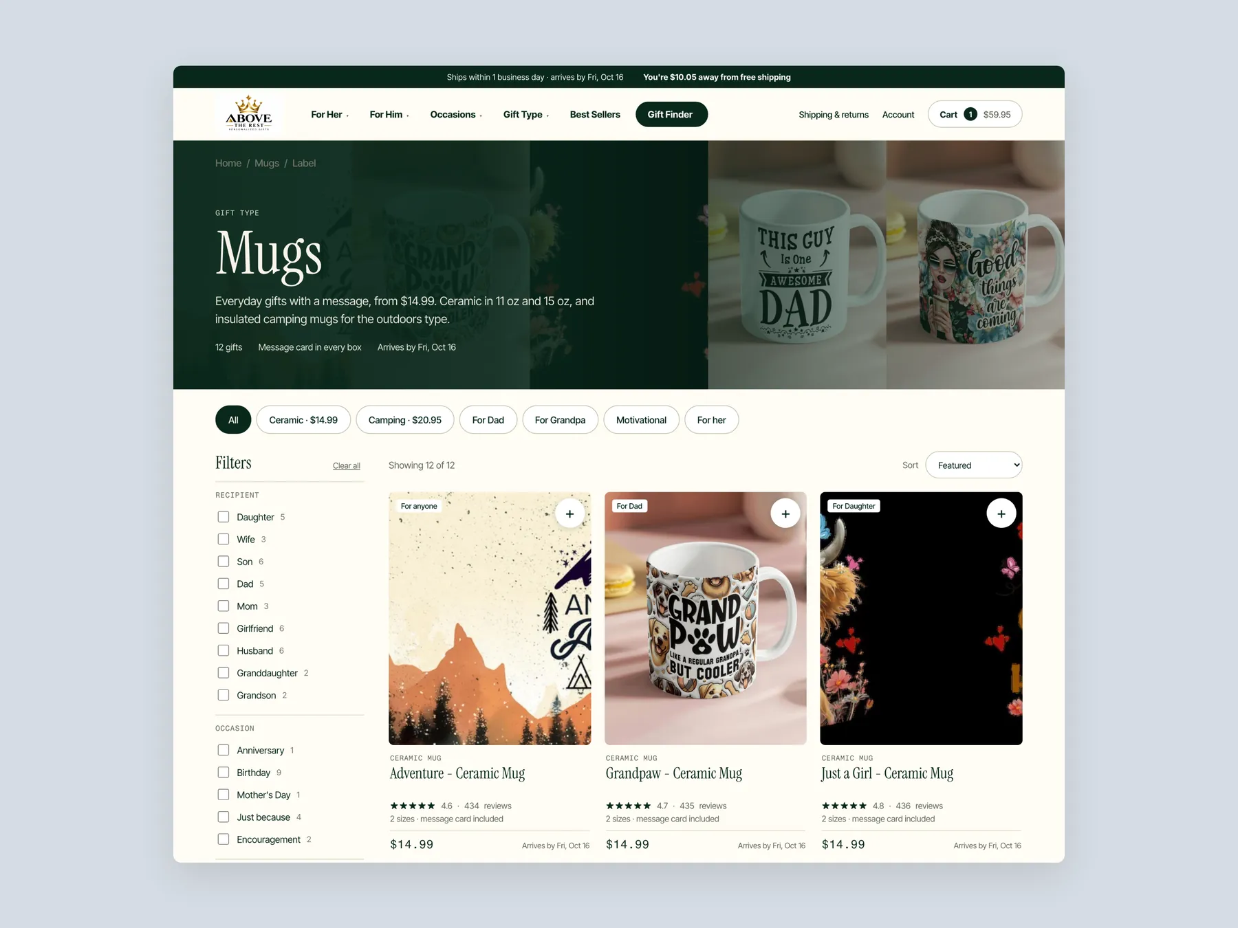 Above The Rest concept redesign: Collection page first screen: header, banner, filters, first row