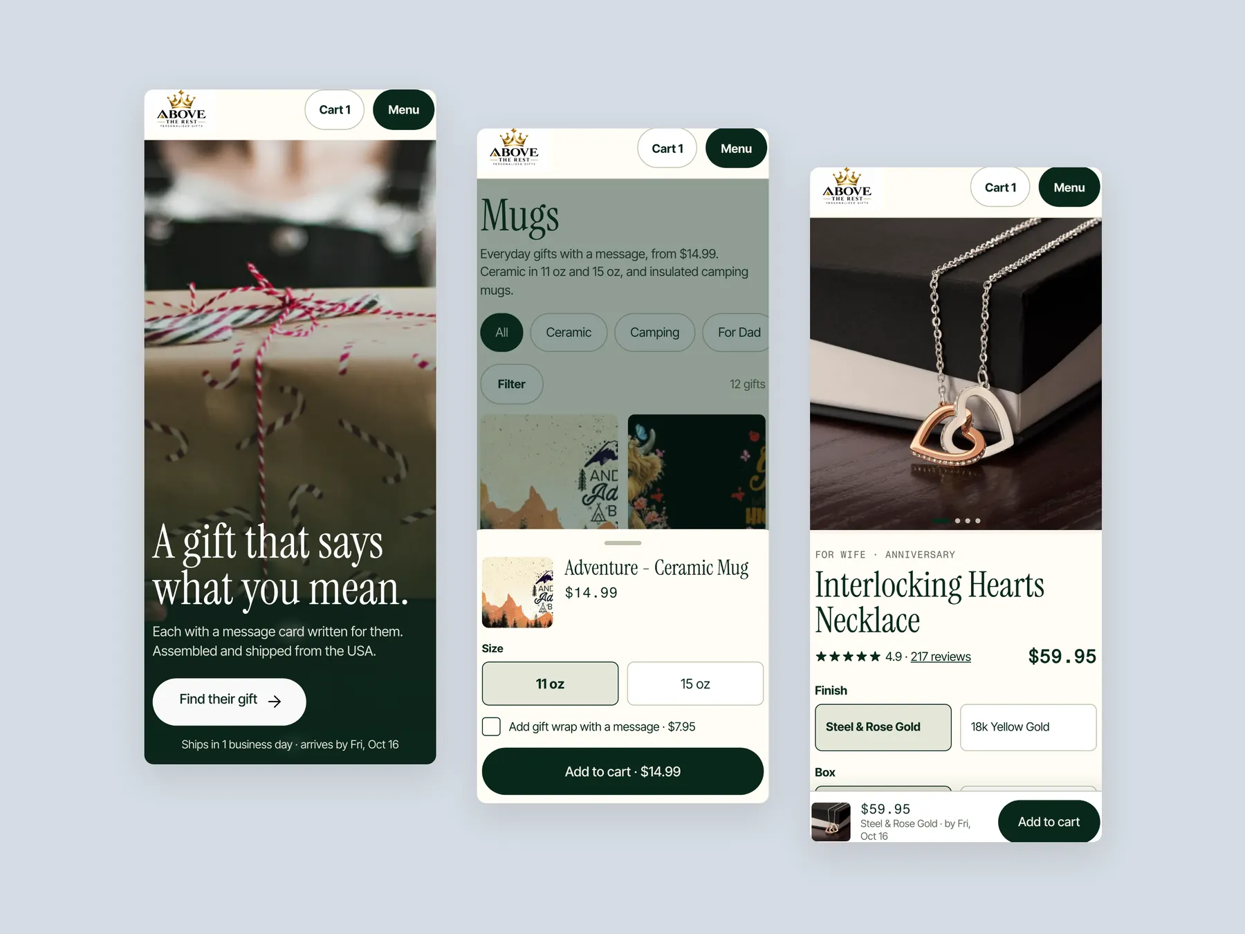 Above The Rest concept redesign: Three phone screens: home, collection, product