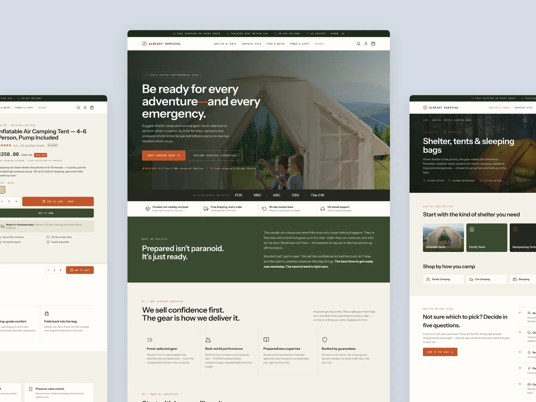 Already Survival concept redesign: Homepage centre, product left, collection right