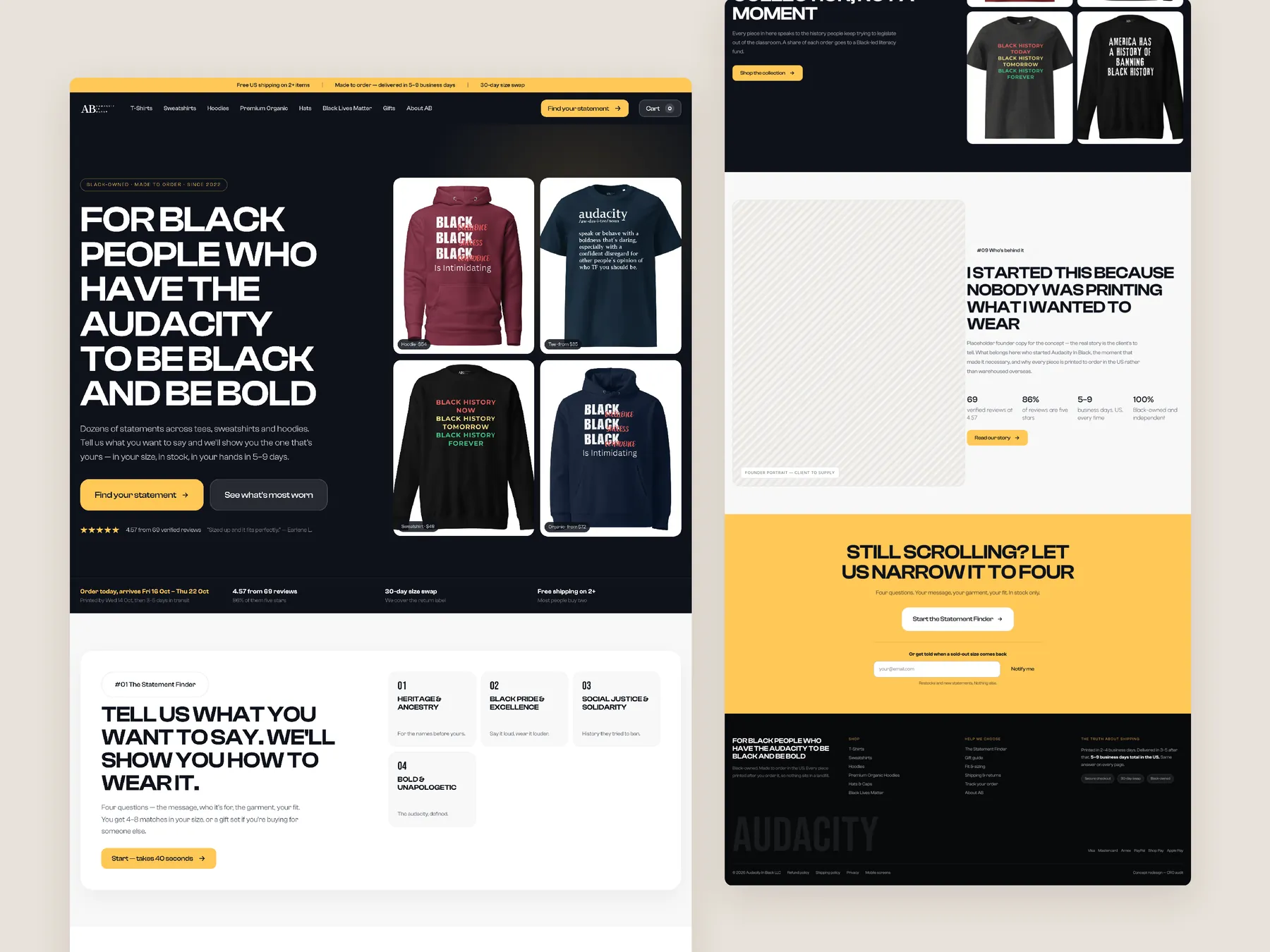 Audacity In Black concept redesign: Homepage, two tall columns