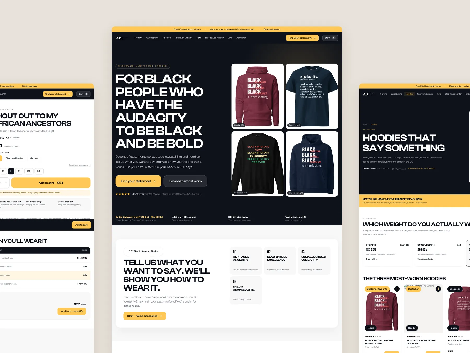 Audacity In Black concept redesign: Homepage centre, product left, collection right