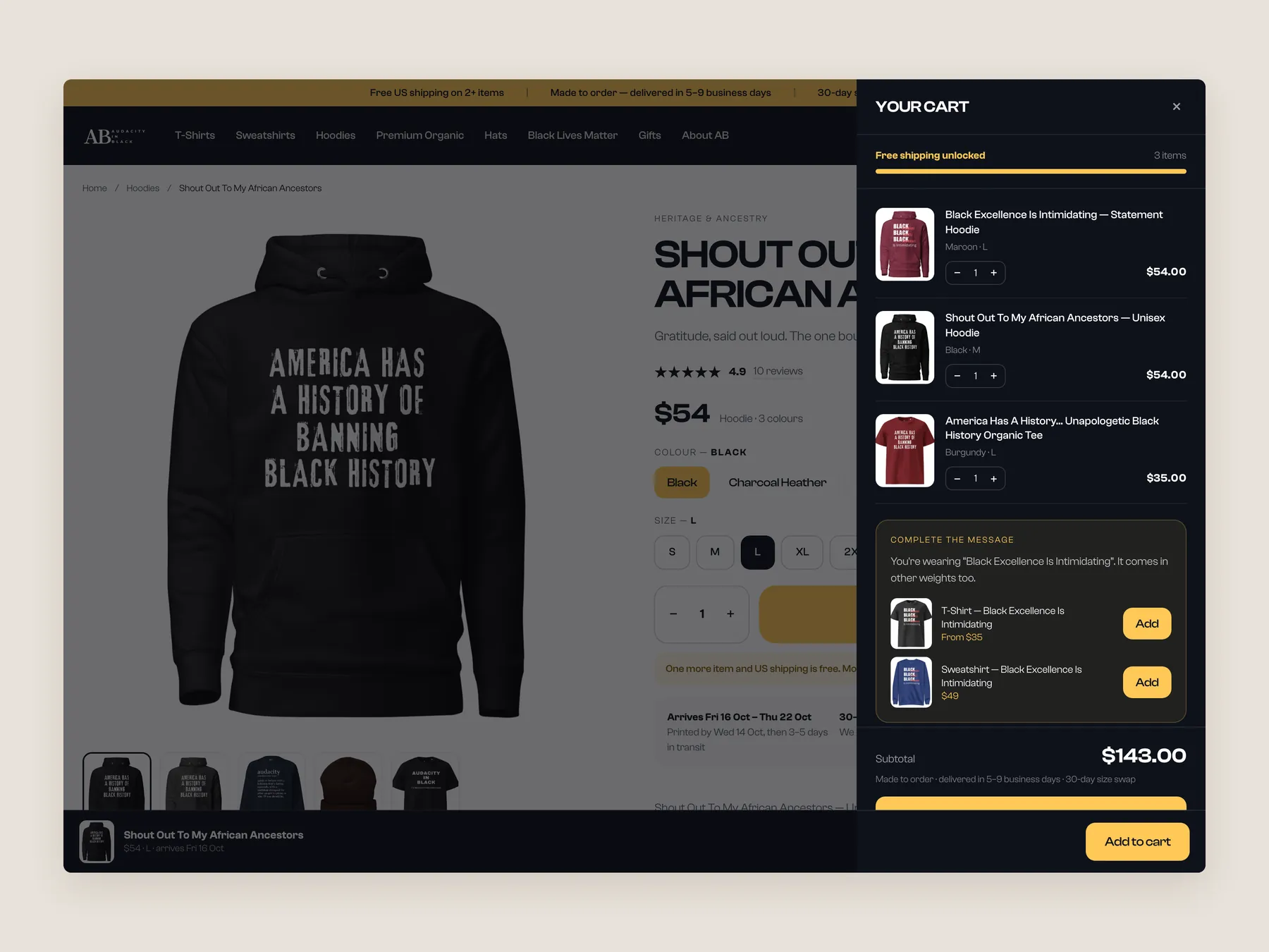 Audacity In Black concept redesign: Cart slide over open over the product page, whole screen