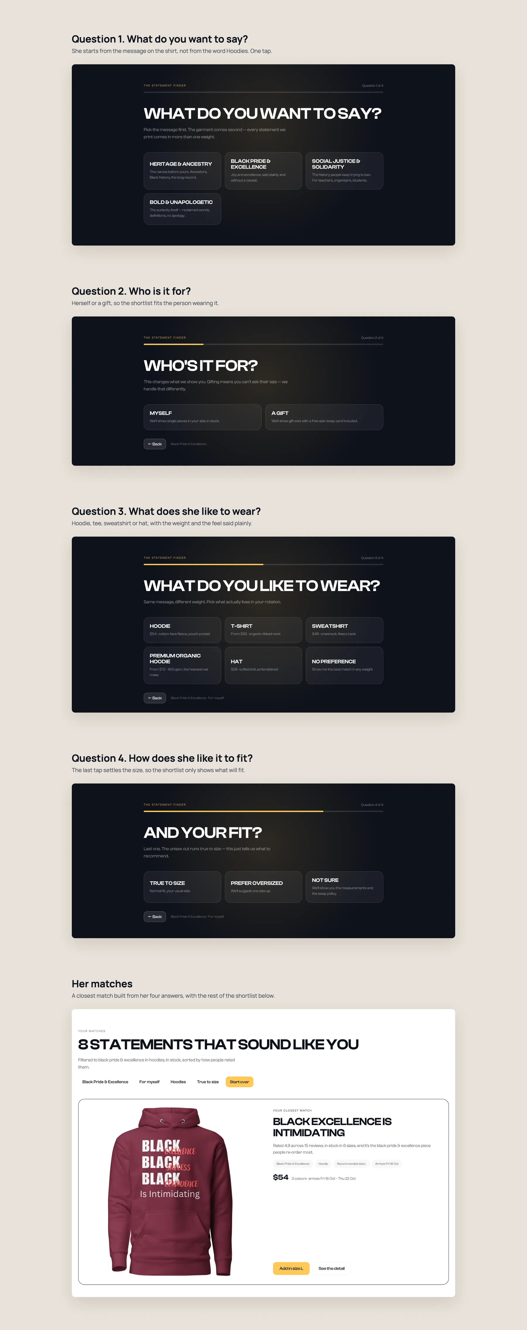 Audacity In Black concept redesign: Statement Finder quiz, step by step