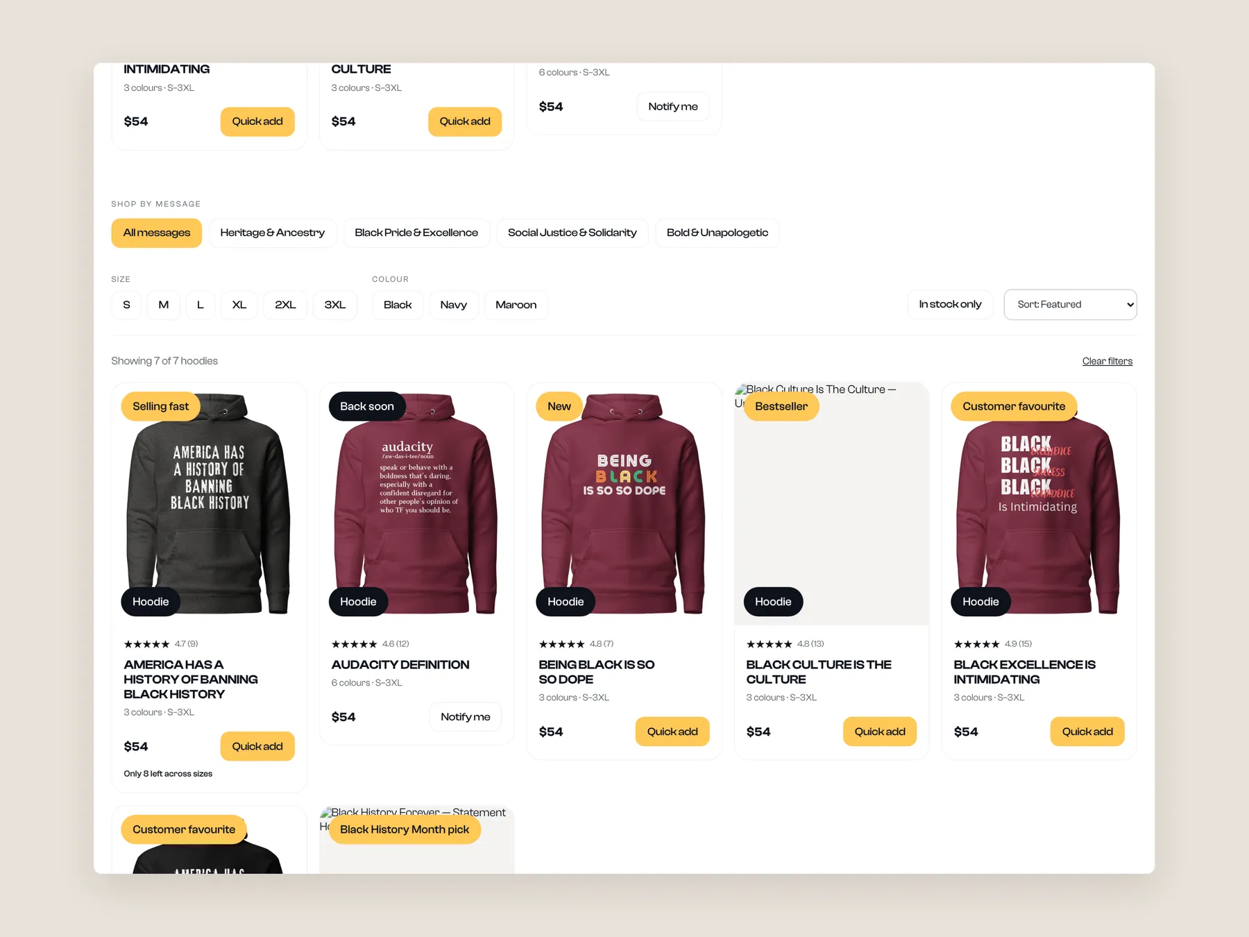 Audacity In Black concept redesign: Hoodies collection: header, filters, first row