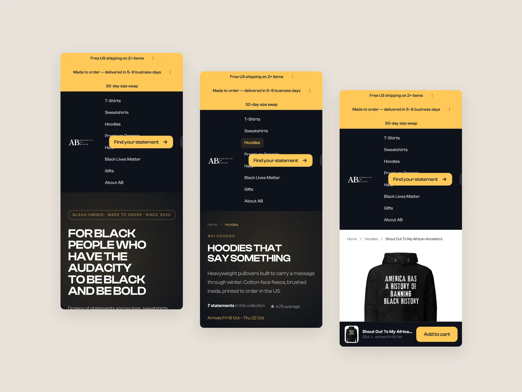 Audacity In Black concept redesign: Three phone screens: home, collection, product