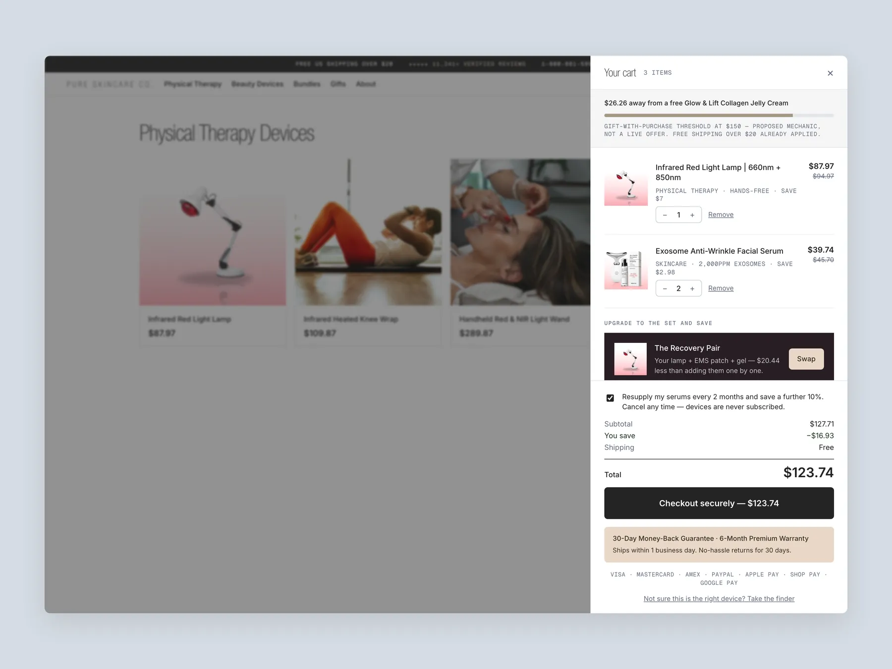 Awe Brands concept redesign: Cart slide over open over the collection page, whole screen
