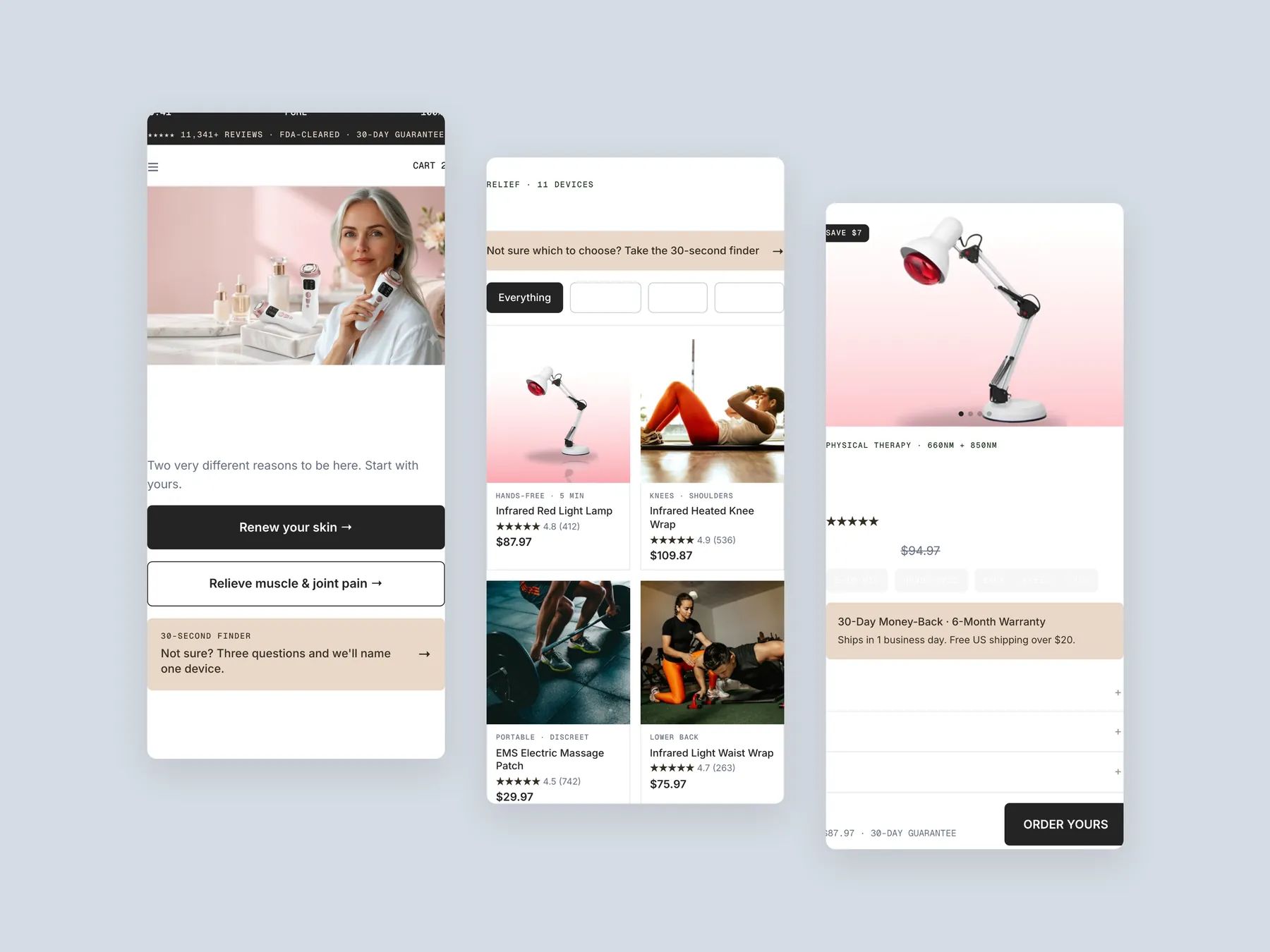 Awe Brands concept redesign: Three phone screens: home, collection, product