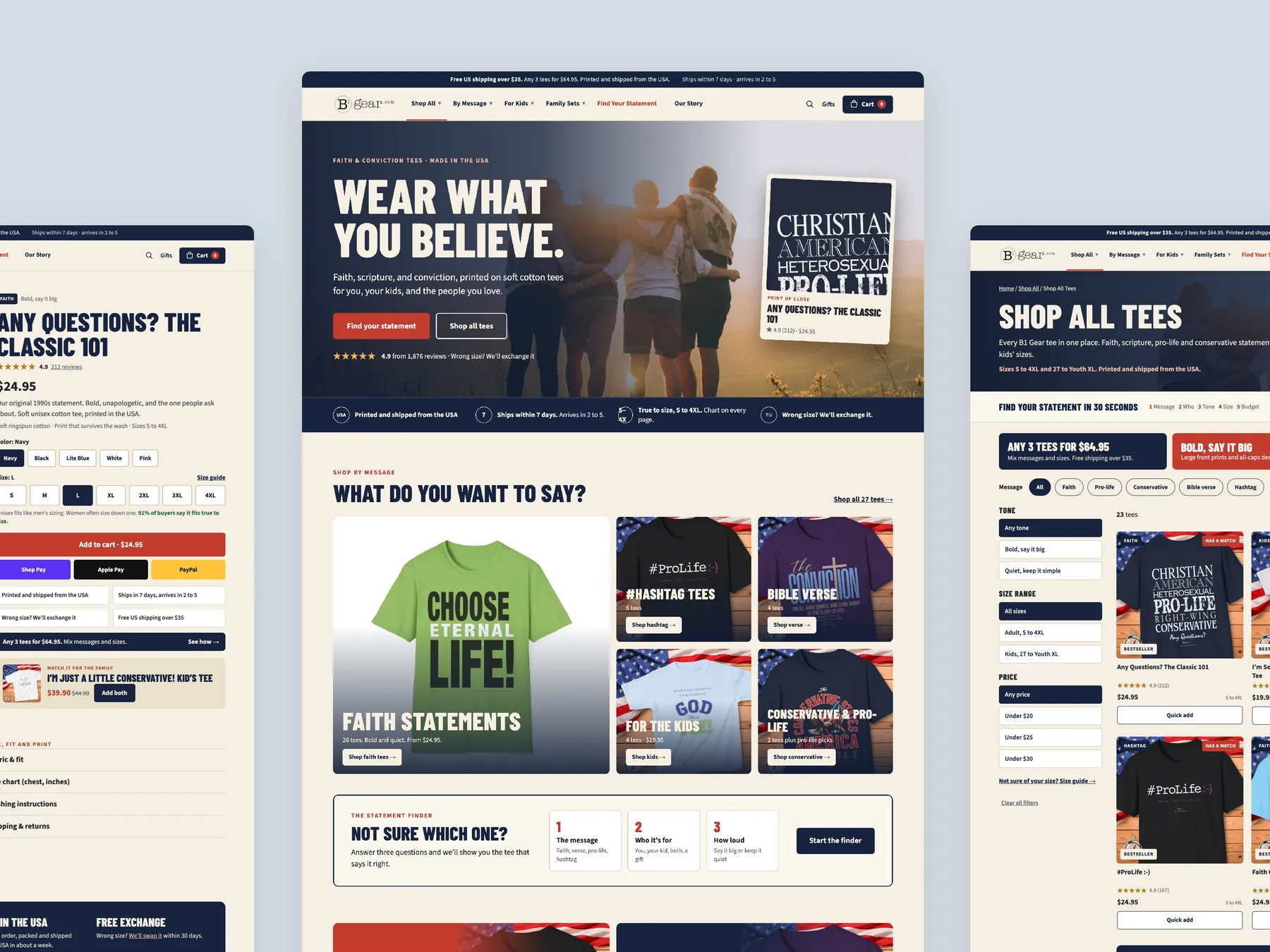 B1 Gear Store concept redesign: Homepage centre, product left, collection right