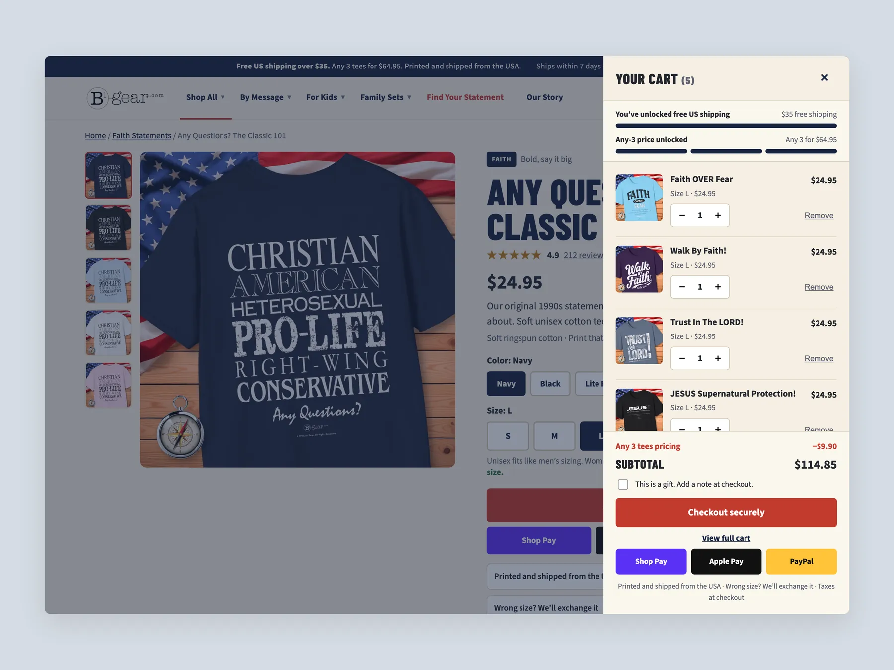 B1 Gear Store concept redesign: Cart slide over open over the product page, whole screen