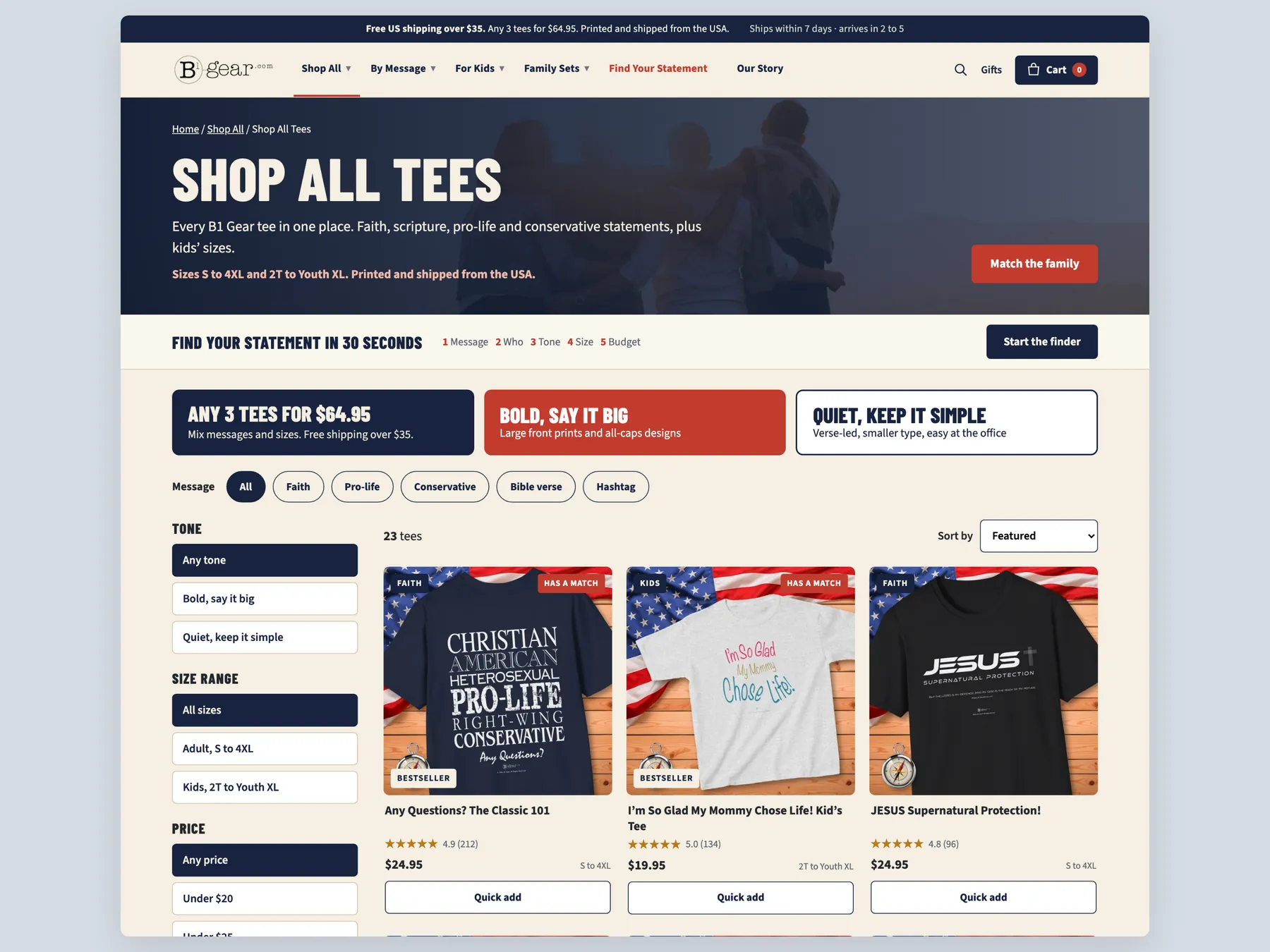 B1 Gear Store concept redesign: Collection first screen: banner, finder strip, filters, first row