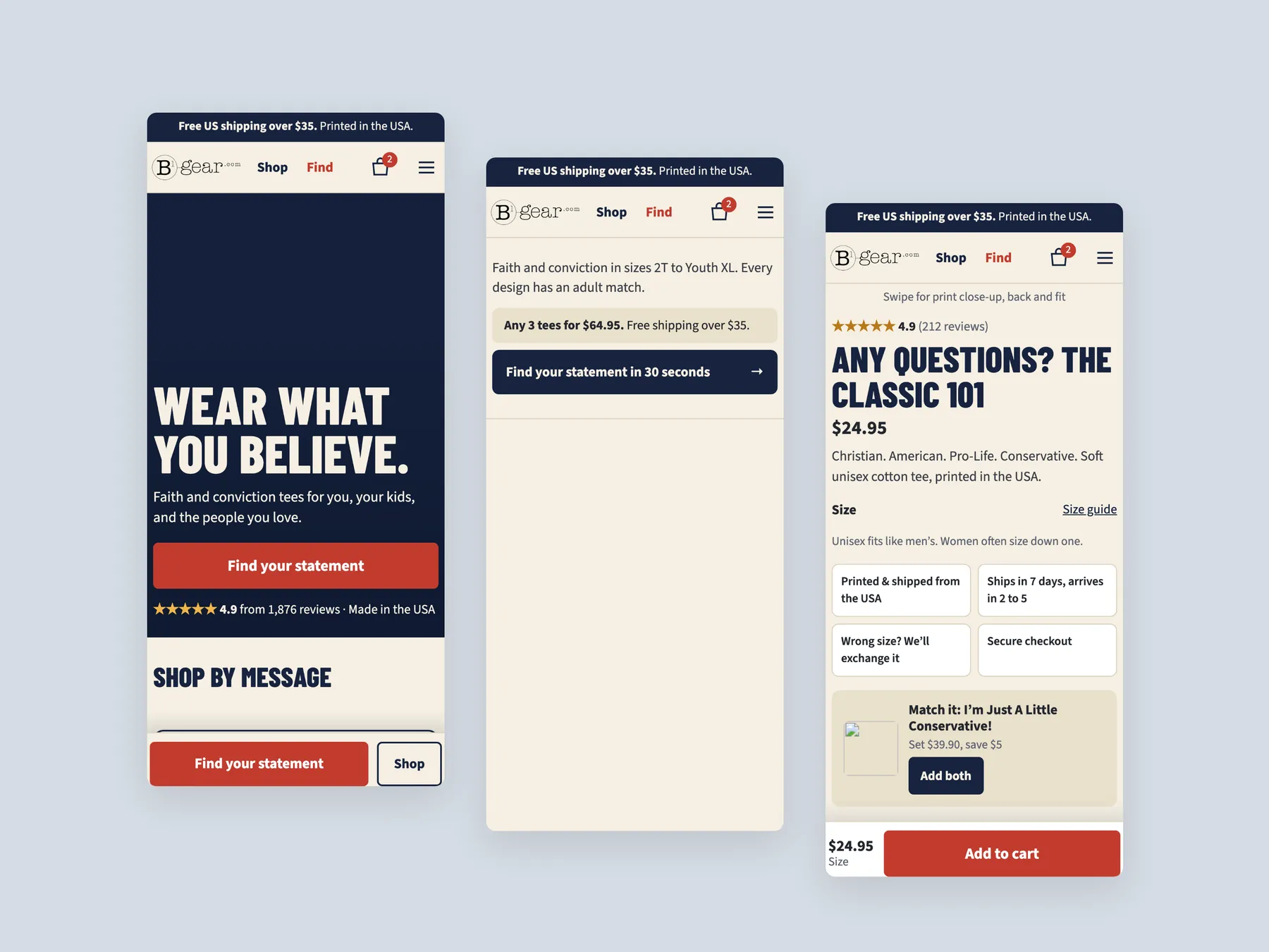 B1 Gear Store concept redesign: Three phone screens: home, collection, product