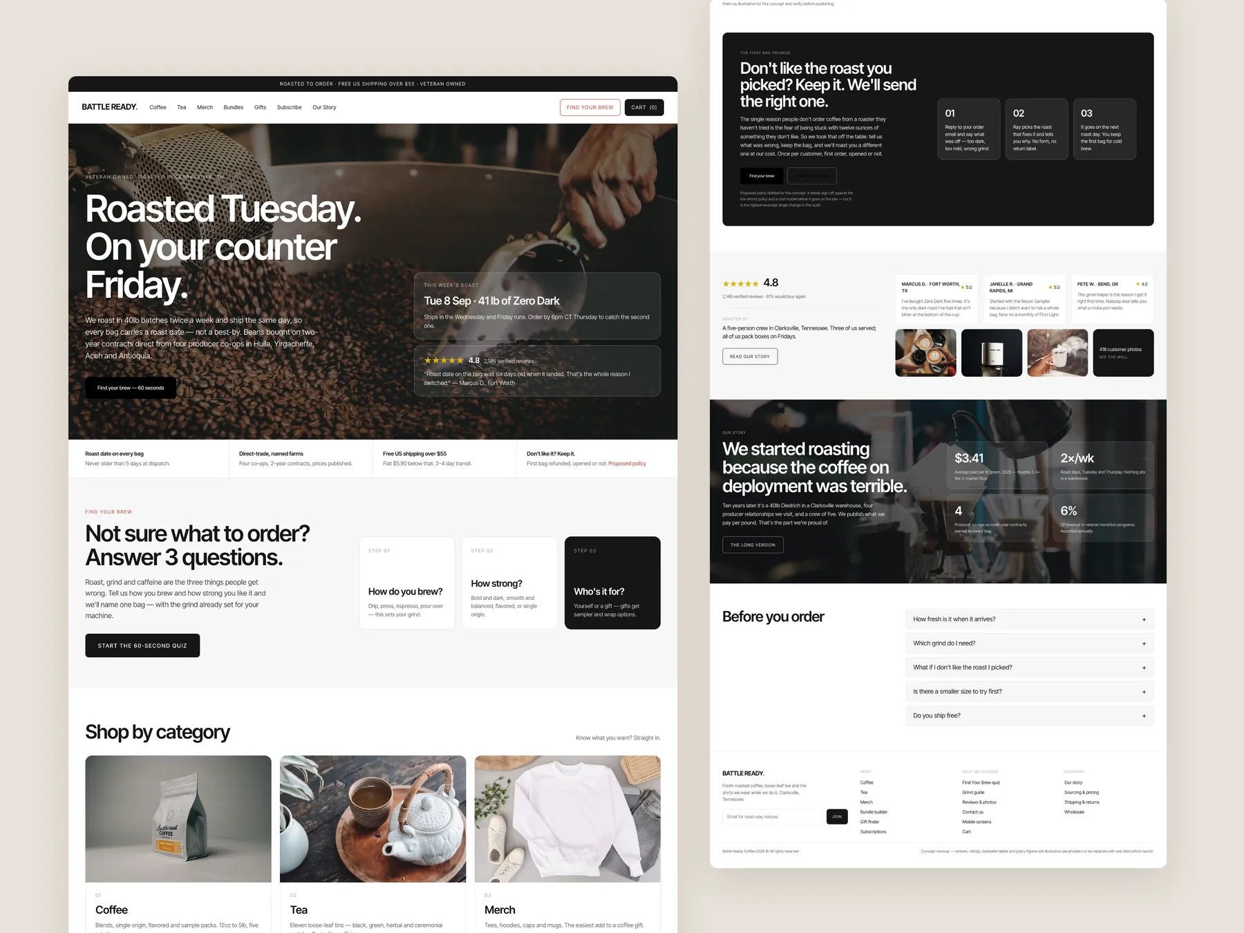 Battle Ready Coffee concept redesign: Homepage, two tall columns