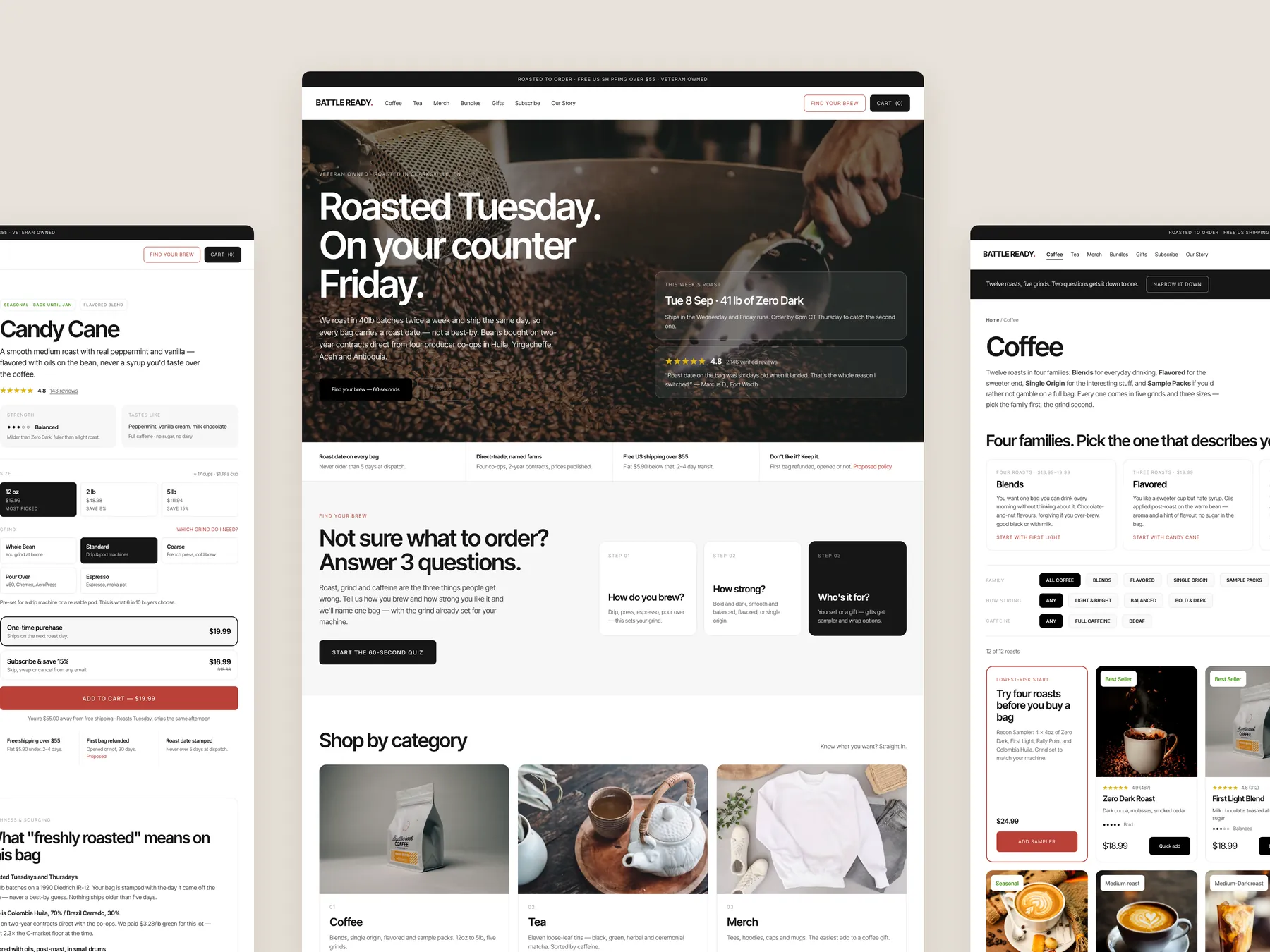 Battle Ready Coffee concept redesign: Homepage centre, product left, collection right