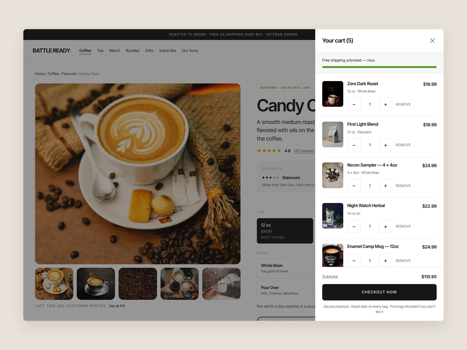 Battle Ready Coffee concept redesign: Cart slide over open over the product page, whole screen