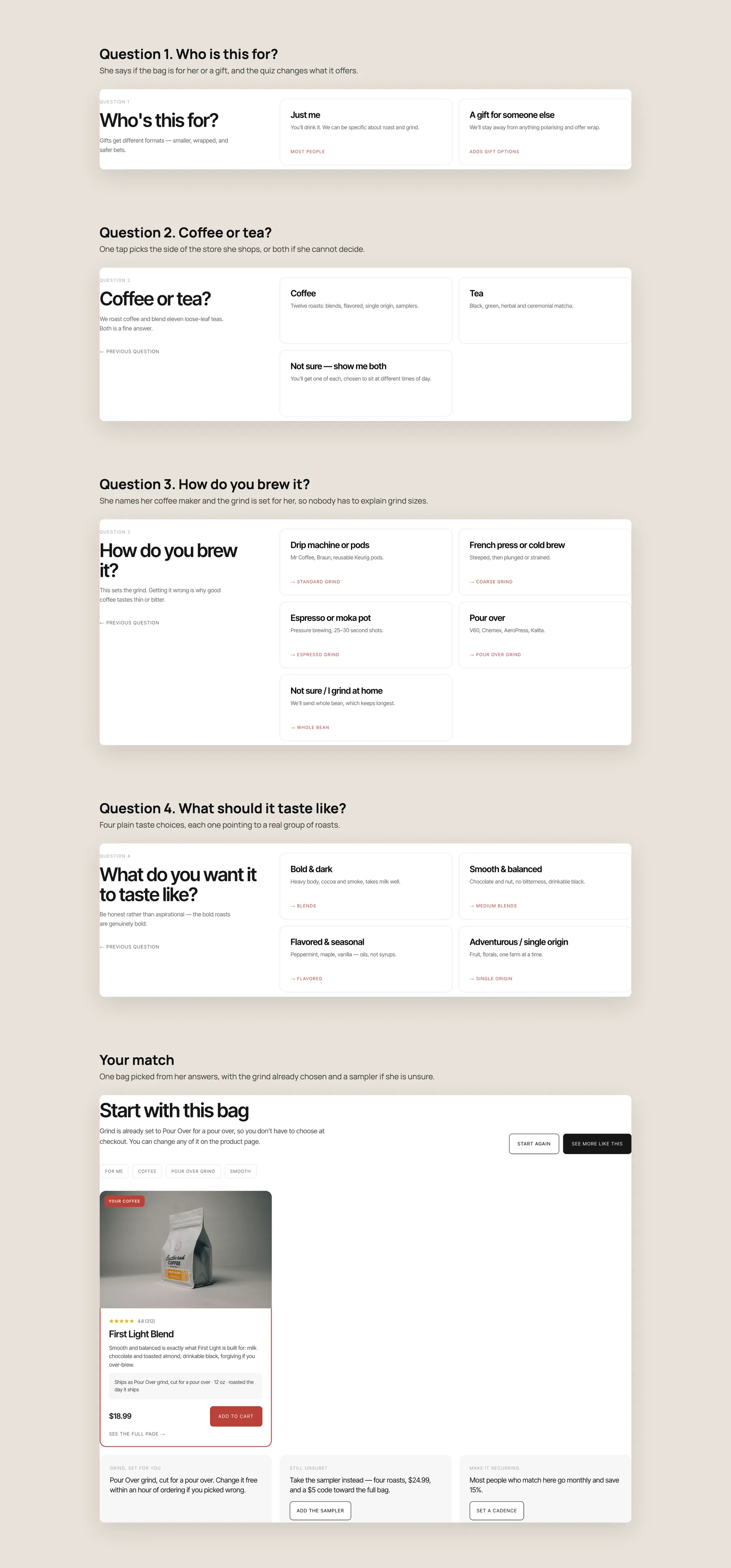 Battle Ready Coffee concept redesign: Find Your Brew quiz, step by step