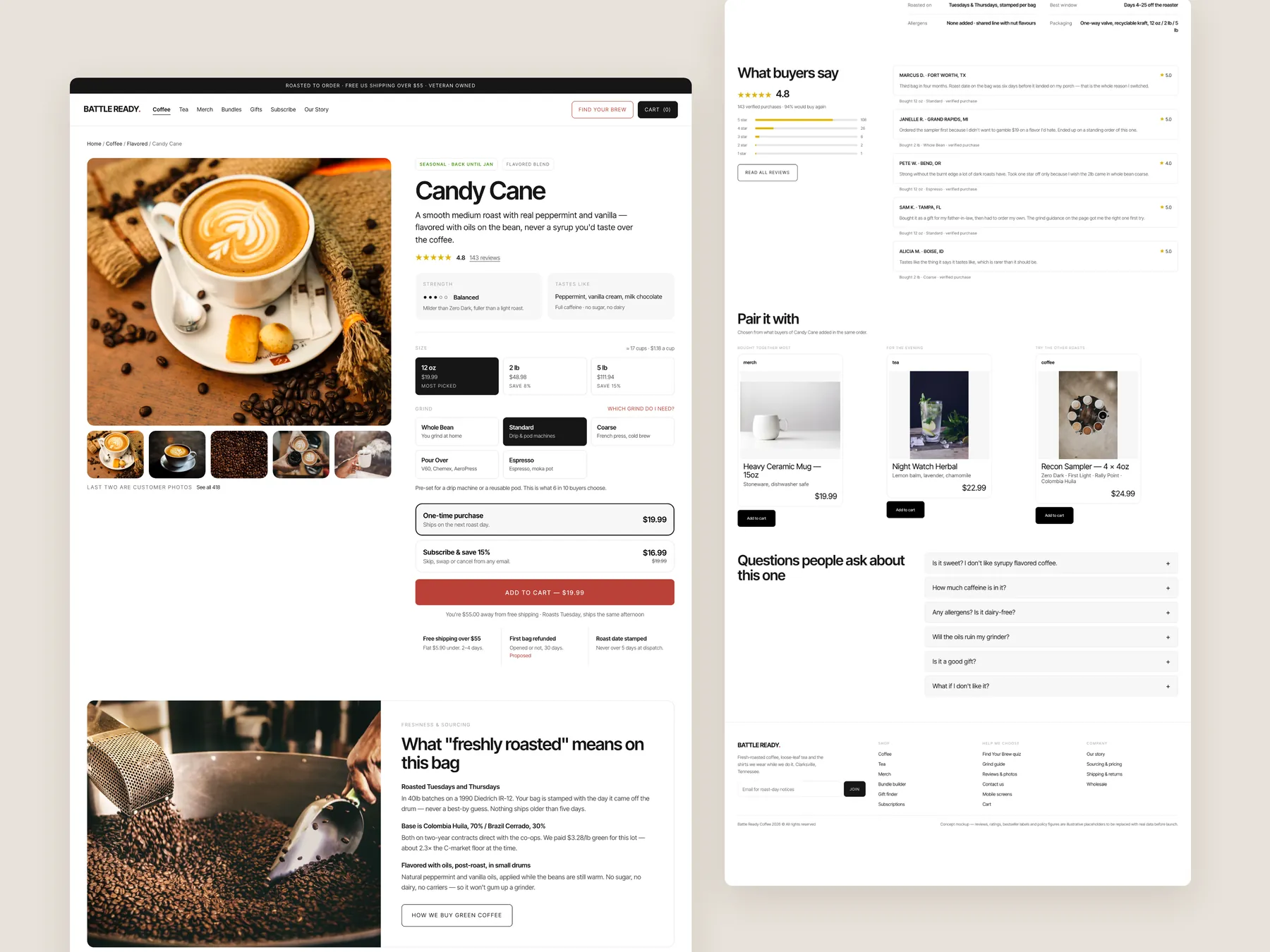 Battle Ready Coffee concept redesign: Product page, two tall columns
