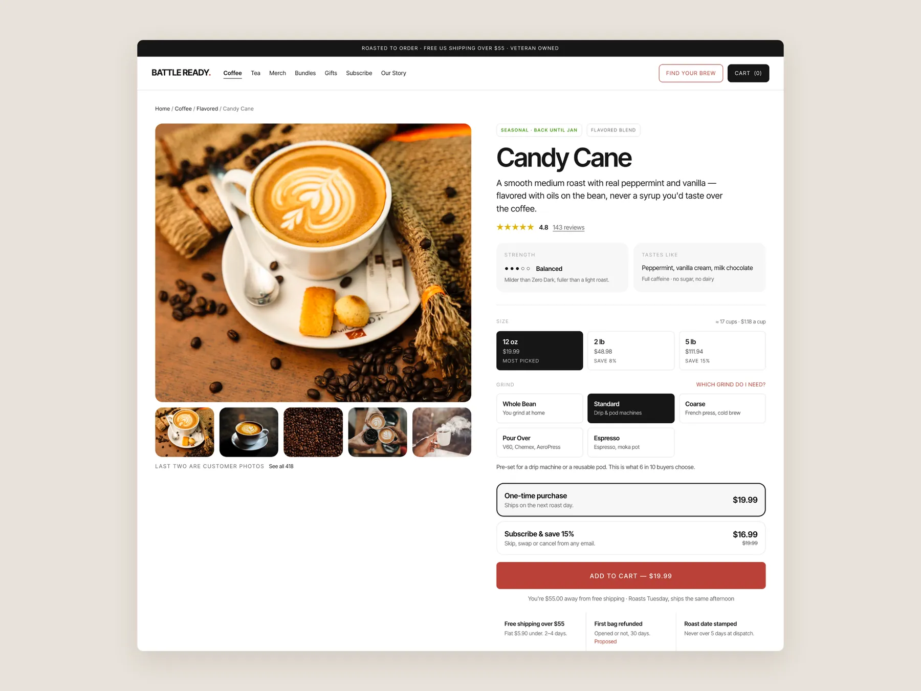 Battle Ready Coffee concept redesign: Product page first screen: header and buy box