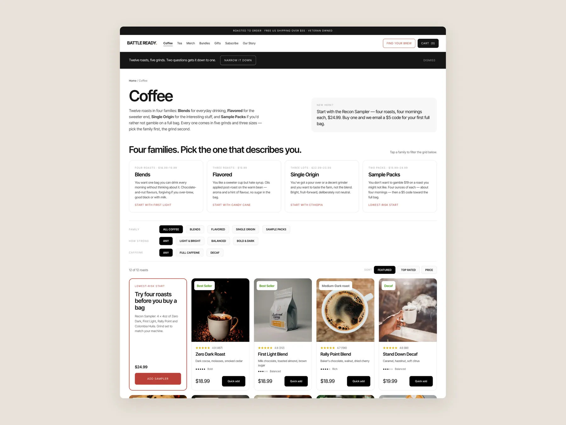 Battle Ready Coffee concept redesign: Coffee collection first screen: header, filters, first row