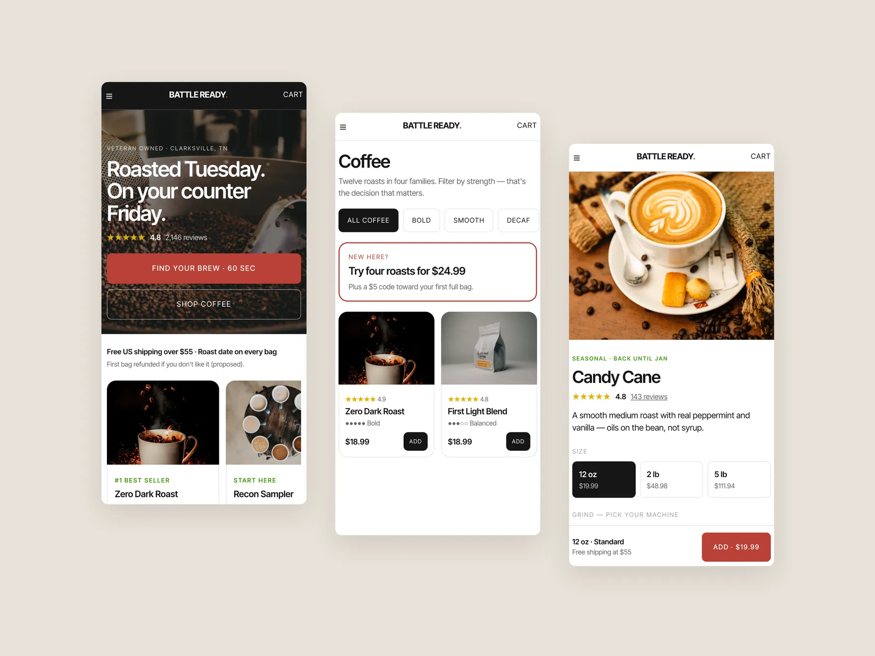 Battle Ready Coffee concept redesign: Three phone screens: home, collection, product
