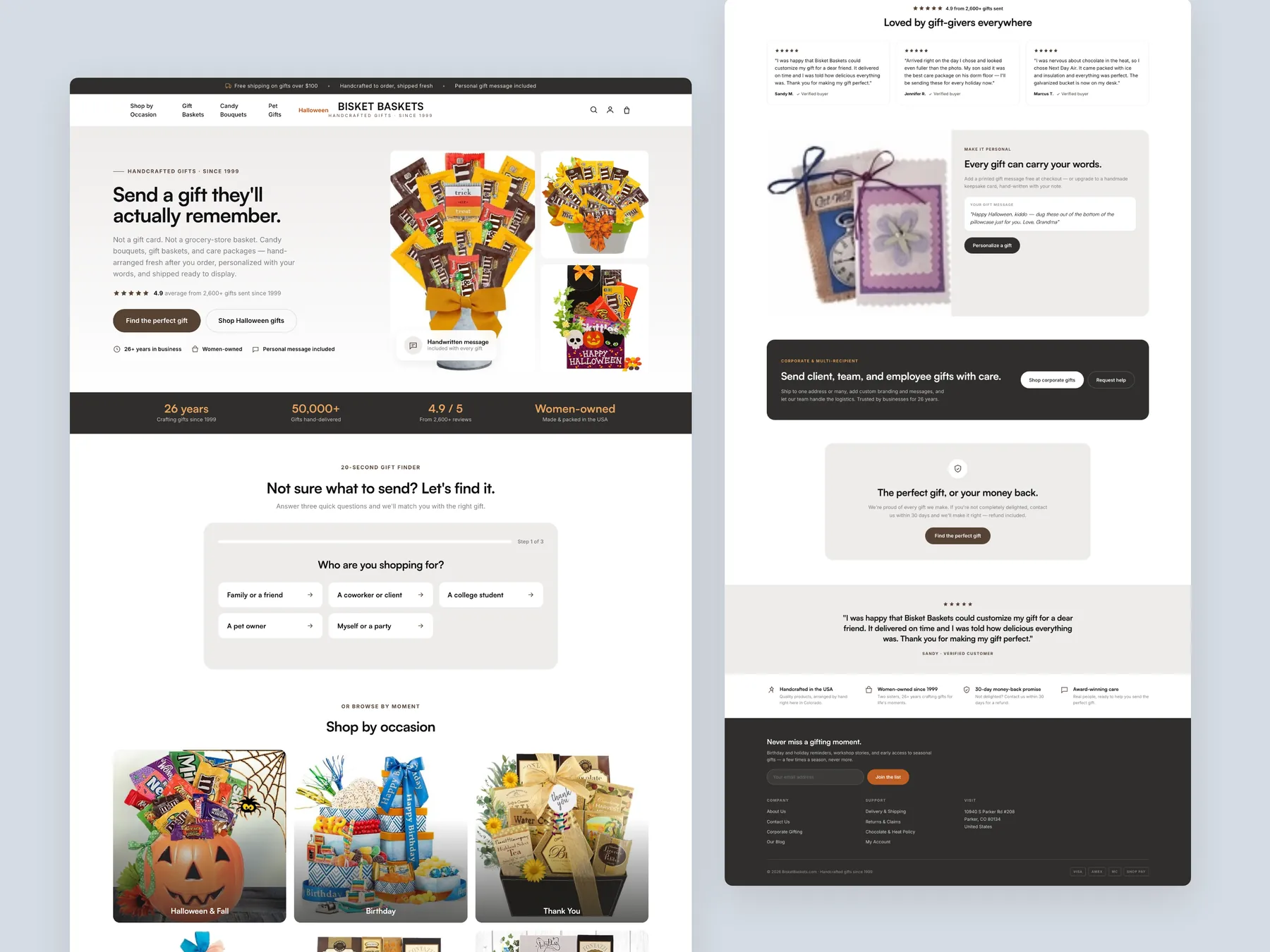 Bisket Baskets concept redesign: Homepage, two tall columns