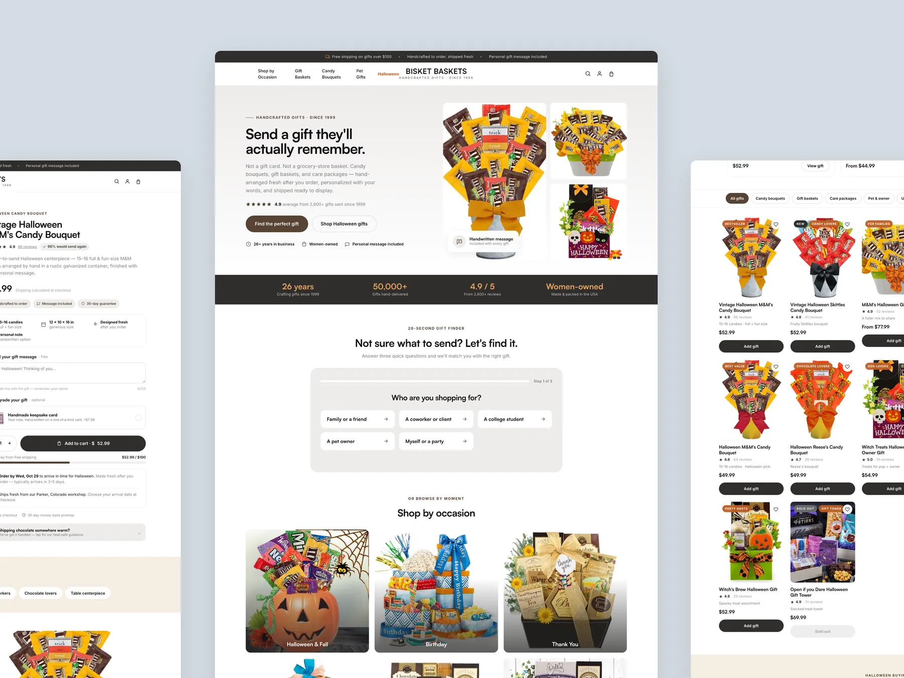 Bisket Baskets concept redesign: Homepage centre, product left, collection right