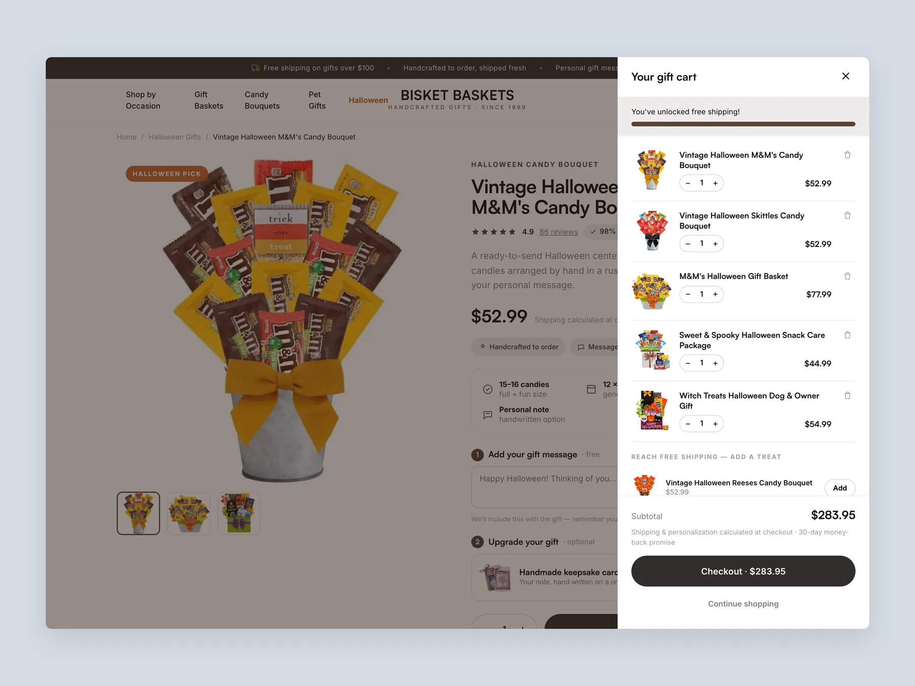 Bisket Baskets concept redesign: Cart slide over open over the product page, whole screen