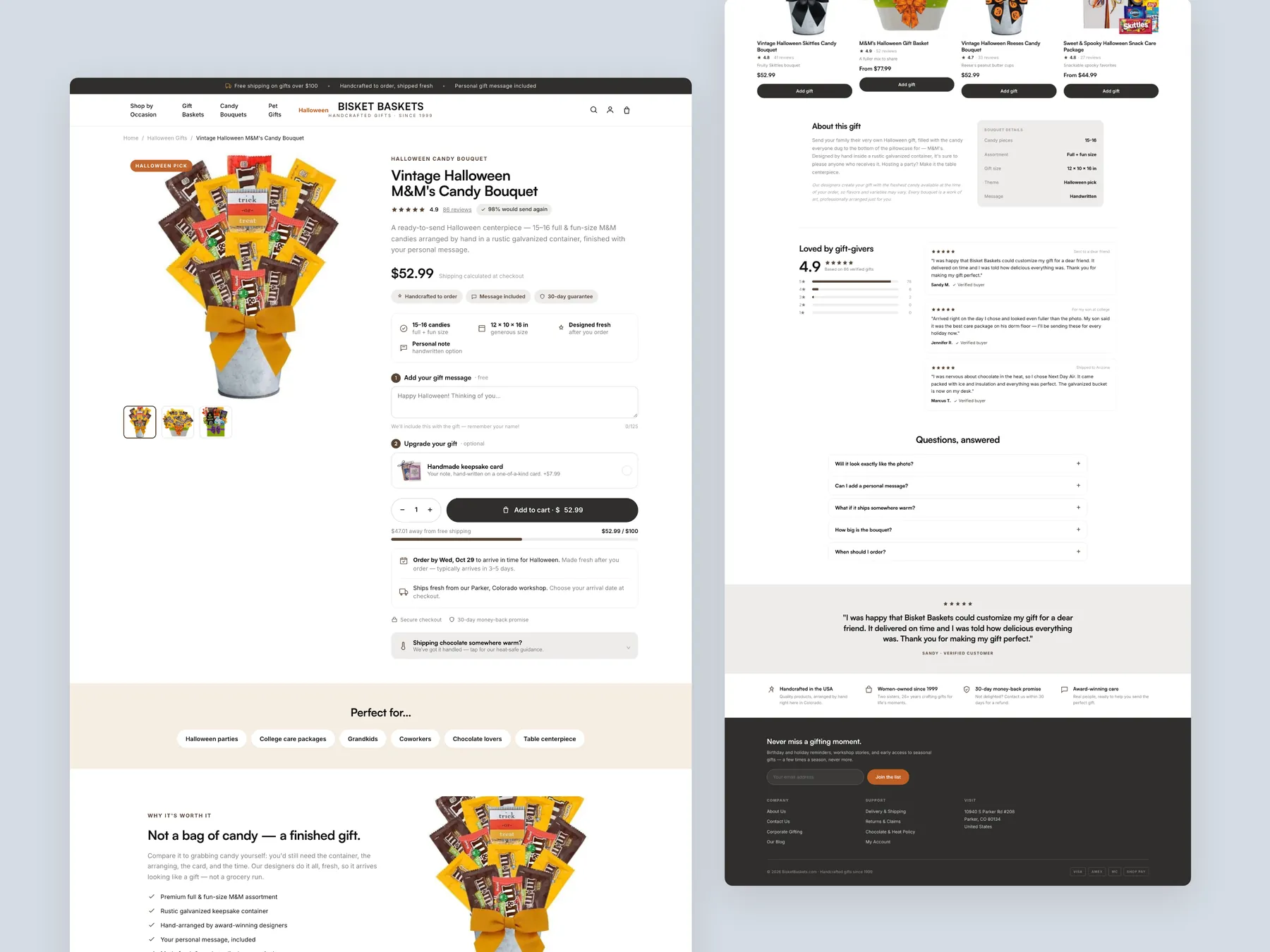 Bisket Baskets concept redesign: Product page, two tall columns