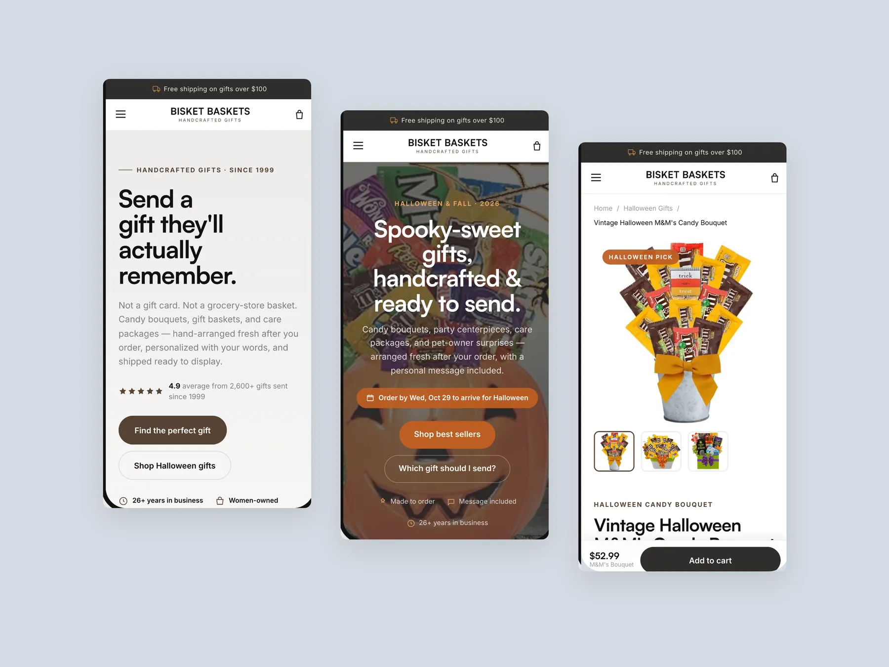 Bisket Baskets concept redesign: Three phone screens: home, collection, product