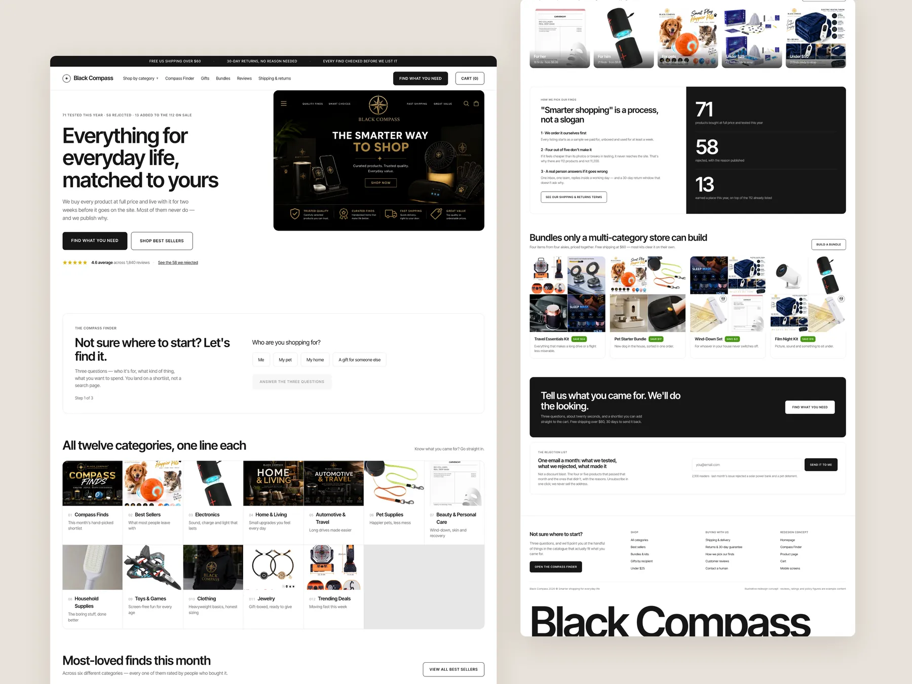 Black Compass concept redesign: Homepage, two tall columns