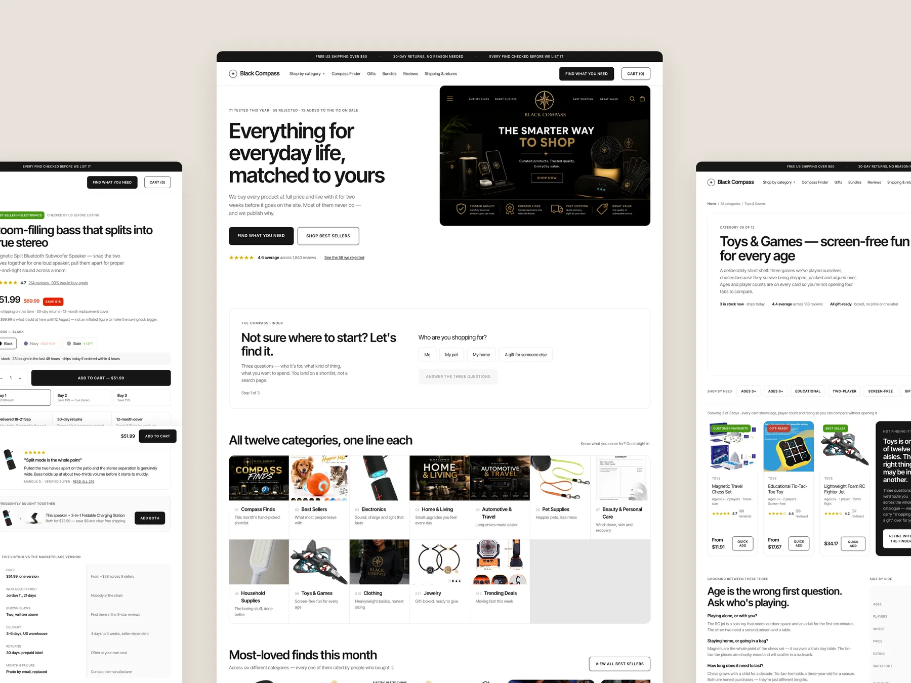 Black Compass concept redesign: Homepage centre, product left, collection right