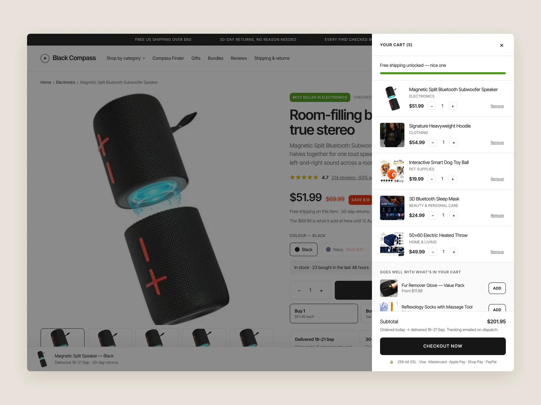 Black Compass concept redesign: Cart slide over open over the product page, whole screen