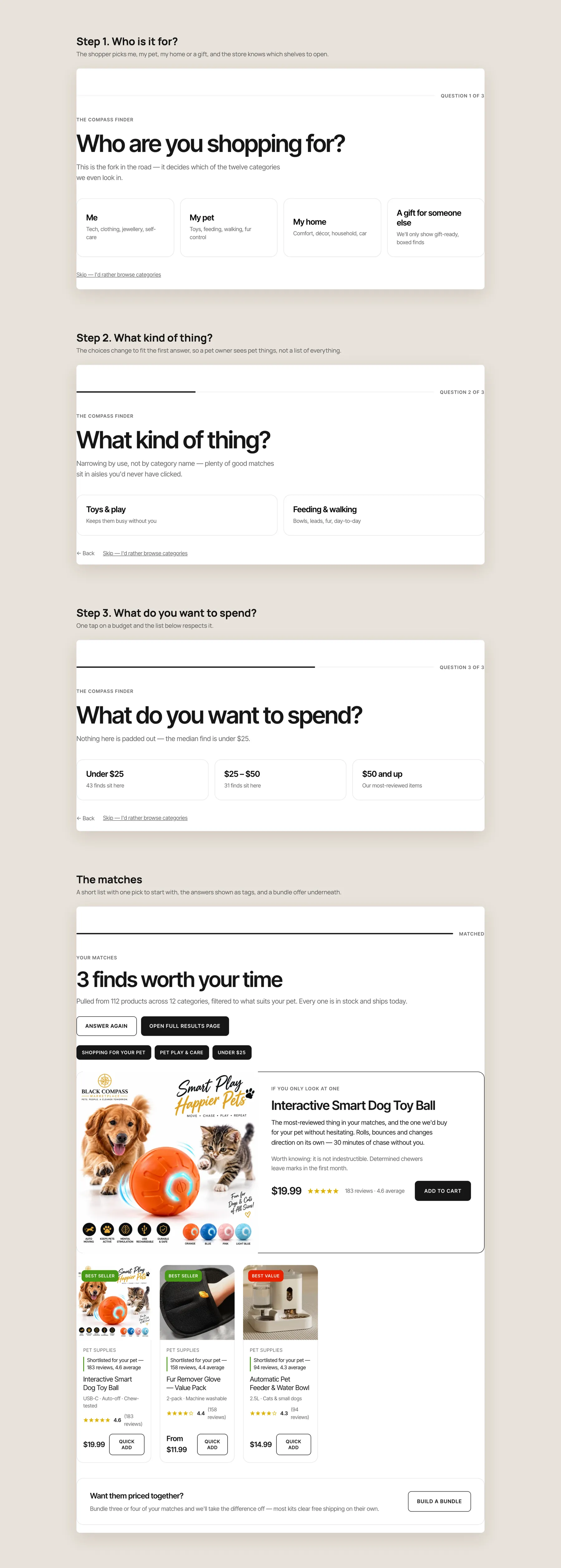 Black Compass concept redesign: Compass Finder quiz, step by step