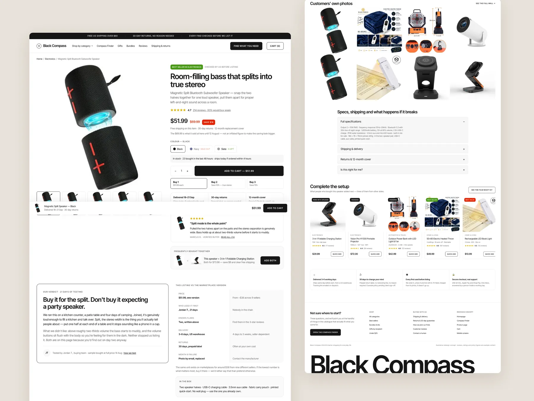 Black Compass concept redesign: Product page, two tall columns