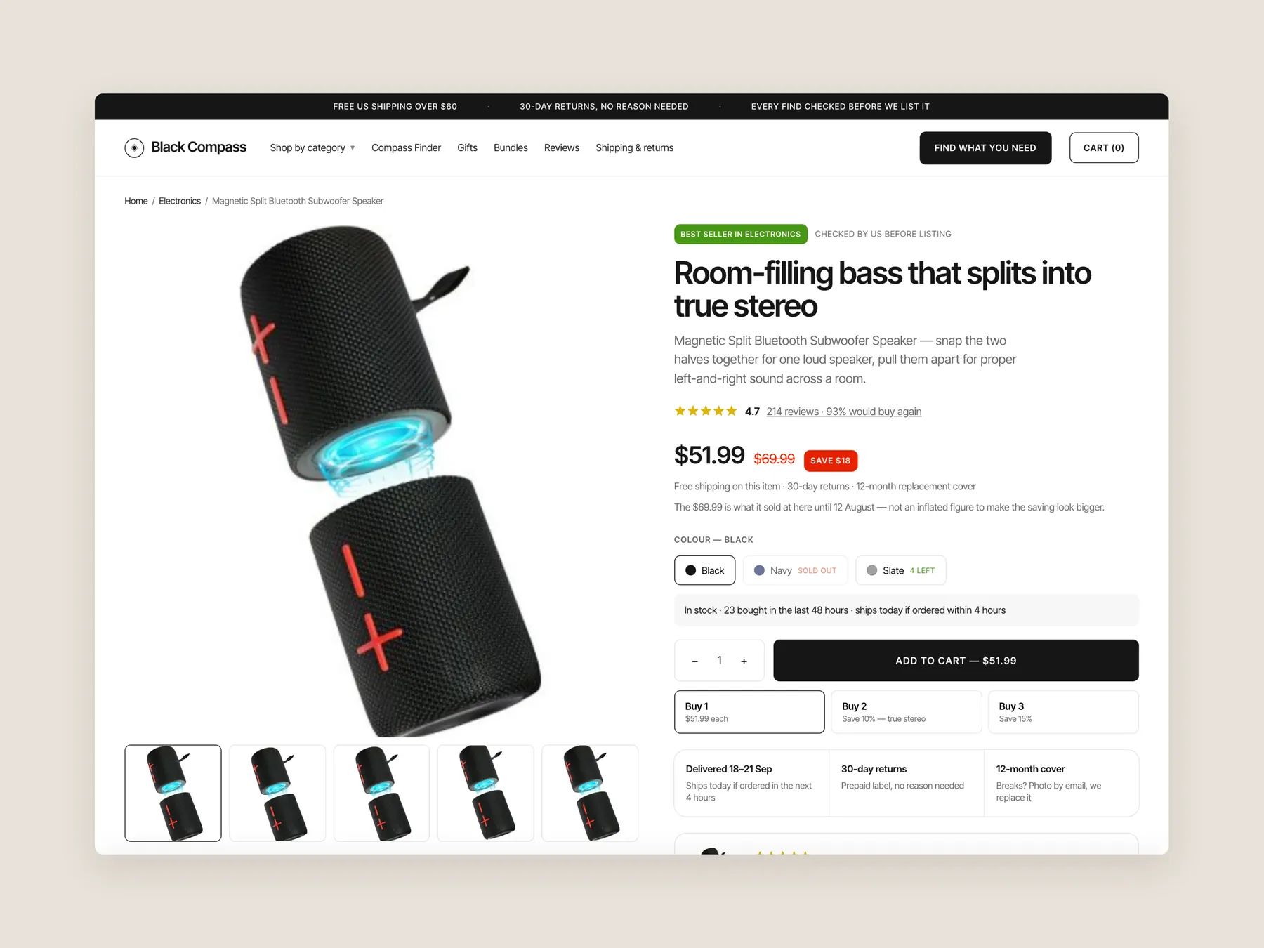 Black Compass concept redesign: Product page first screen: header and buy box